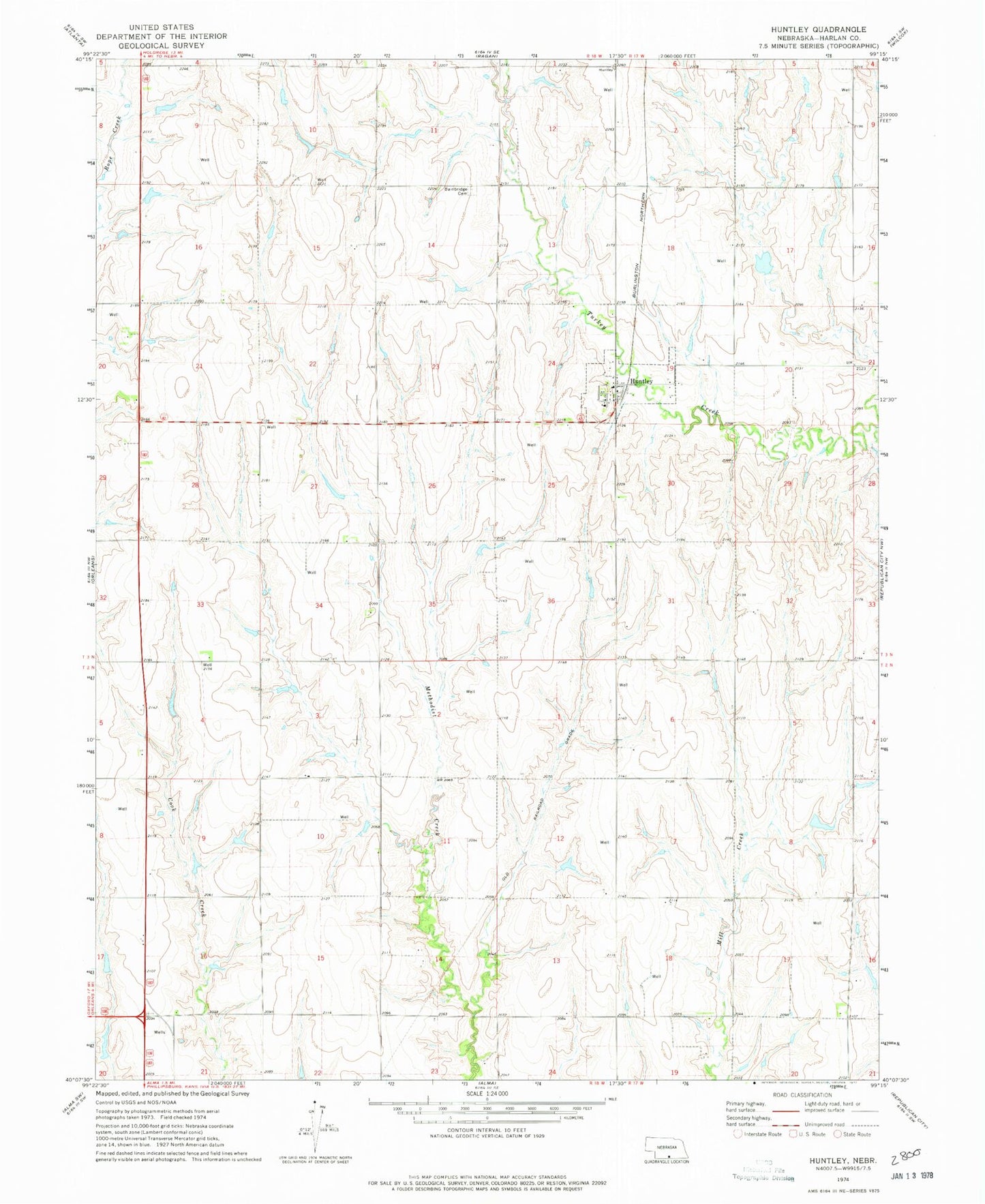 Classic USGS Huntley Nebraska 7.5'x7.5' Topo Map Image