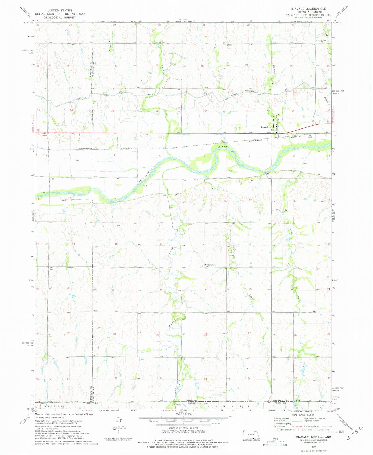 Classic USGS Inavale Nebraska 7.5'x7.5' Topo Map Image