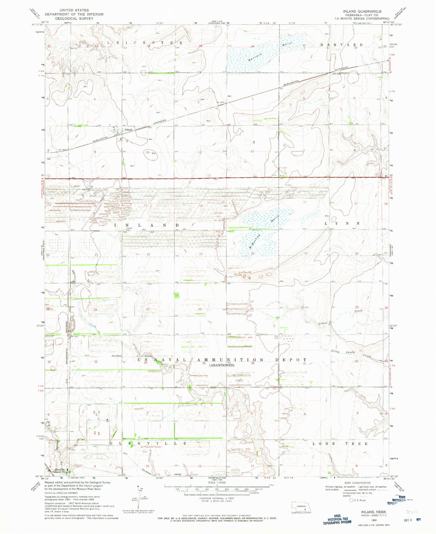 Classic USGS Inland Nebraska 7.5'x7.5' Topo Map Image