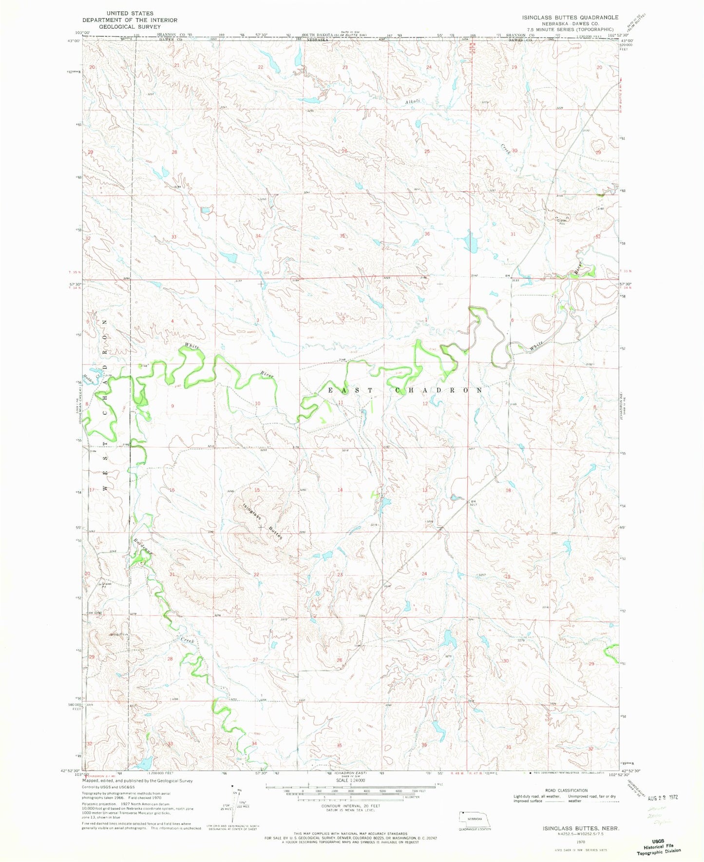 Classic USGS Isinglass Buttes Nebraska 7.5'x7.5' Topo Map Image