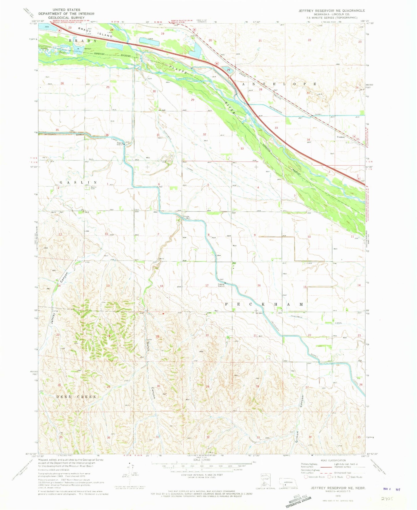 Classic USGS Jeffrey Reservoir NE Nebraska 7.5'x7.5' Topo Map Image