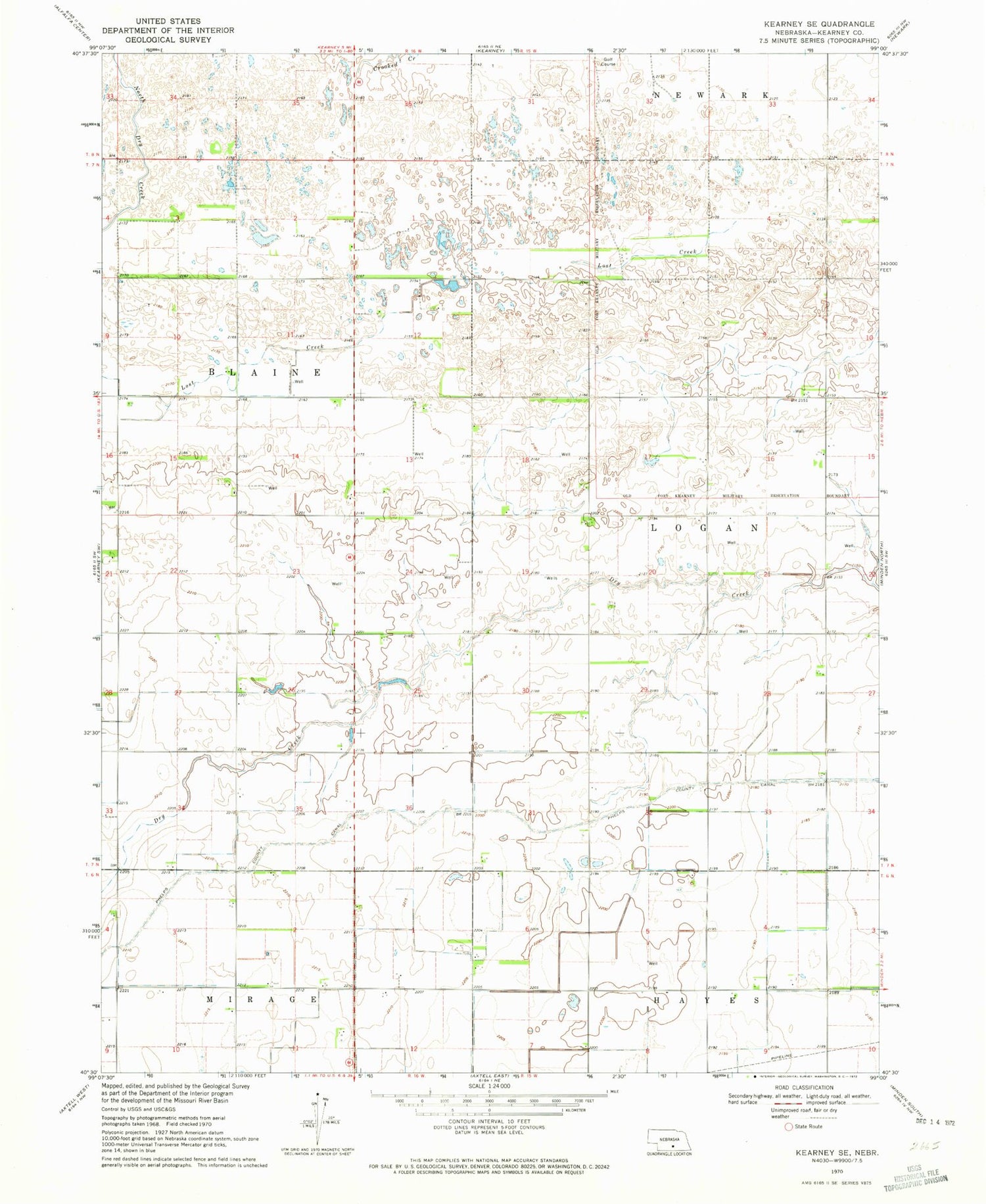 Classic USGS Kearney SE Nebraska 7.5'x7.5' Topo Map Image