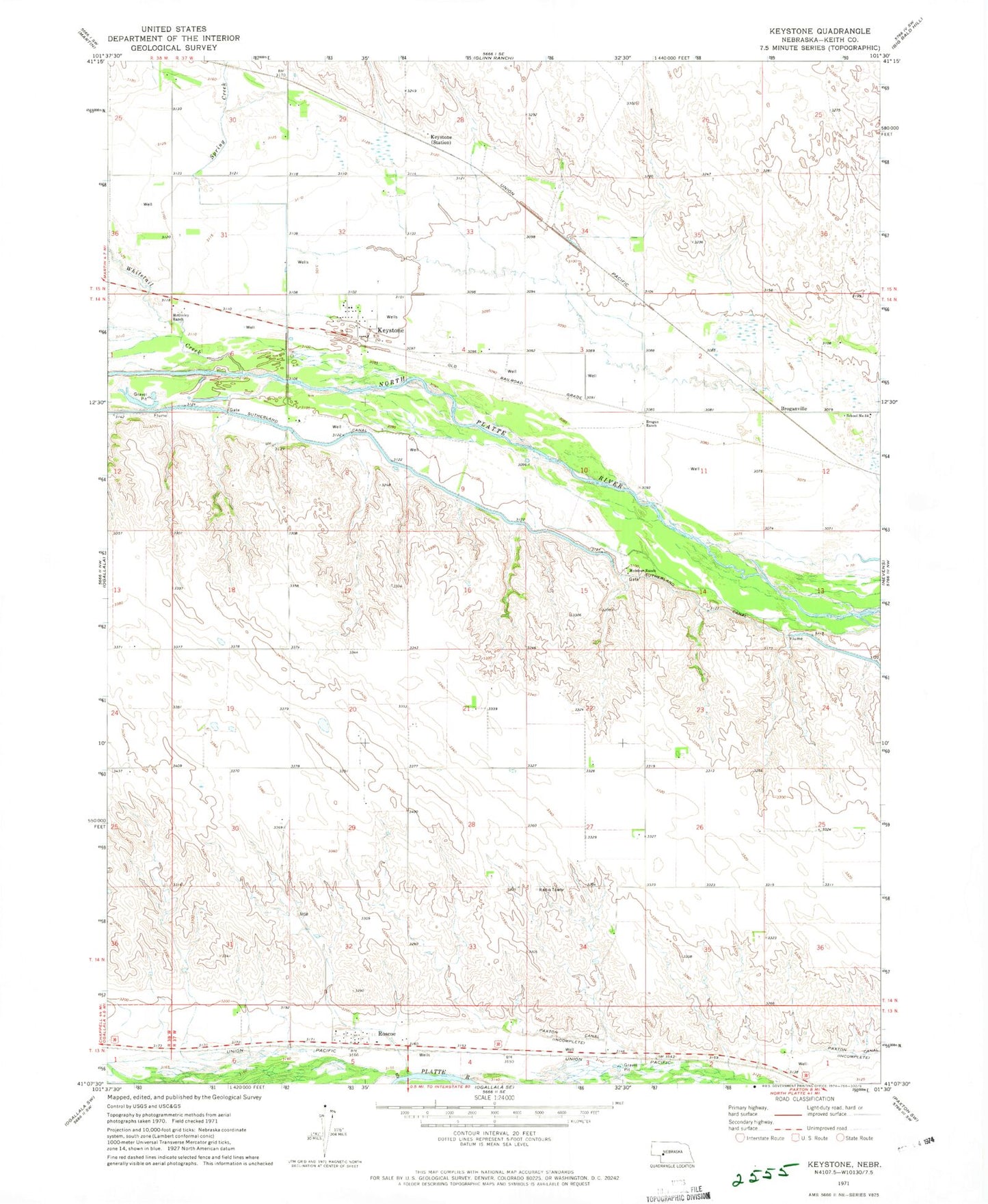 Classic USGS Keystone Nebraska 7.5'x7.5' Topo Map Image