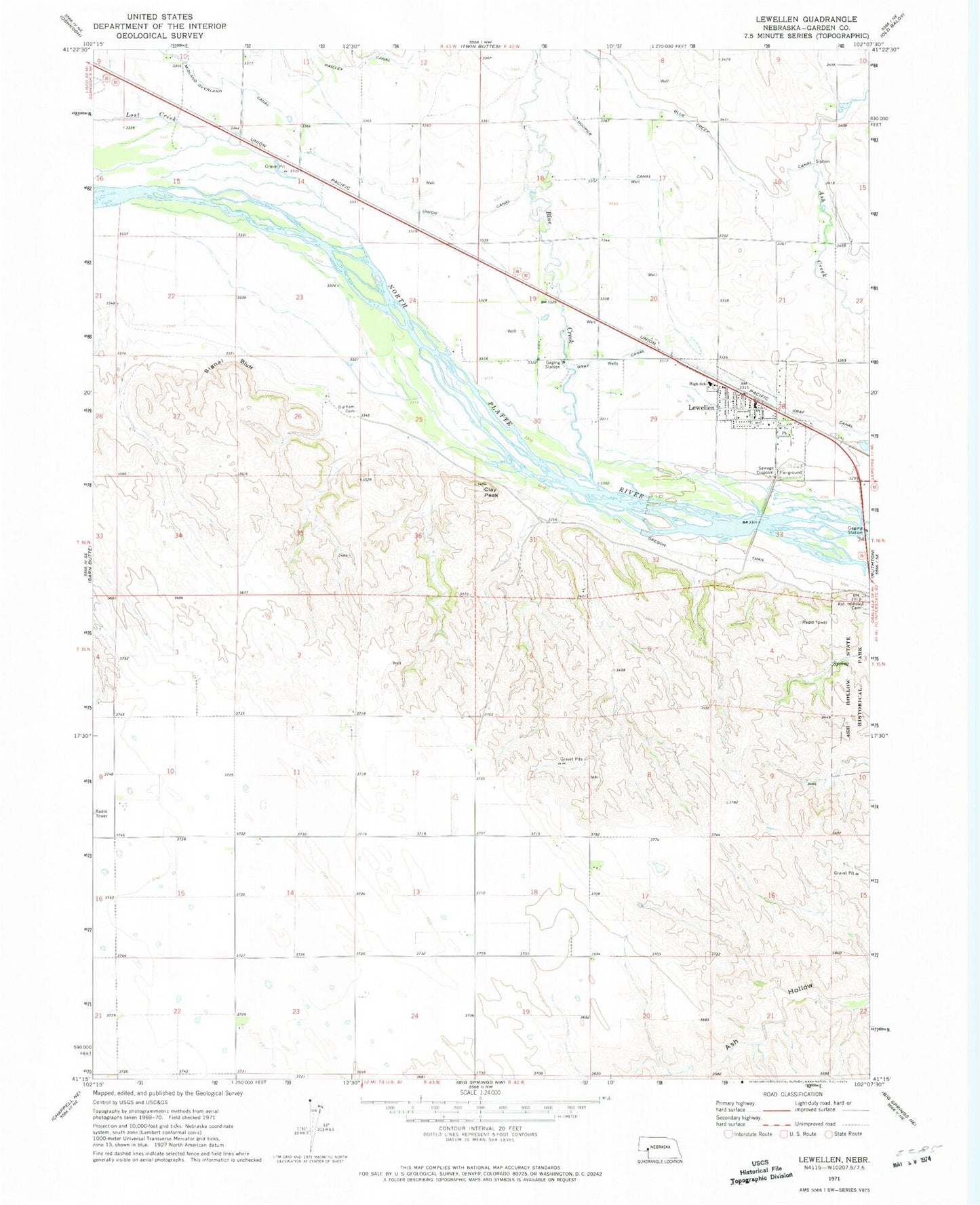 Classic USGS Lewellen Nebraska 7.5'x7.5' Topo Map Image