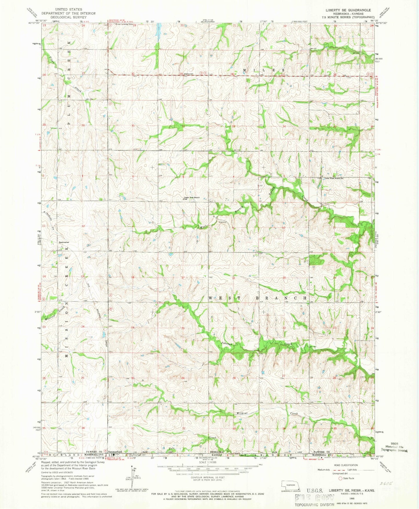 Classic USGS Liberty SE Nebraska 7.5'x7.5' Topo Map Image