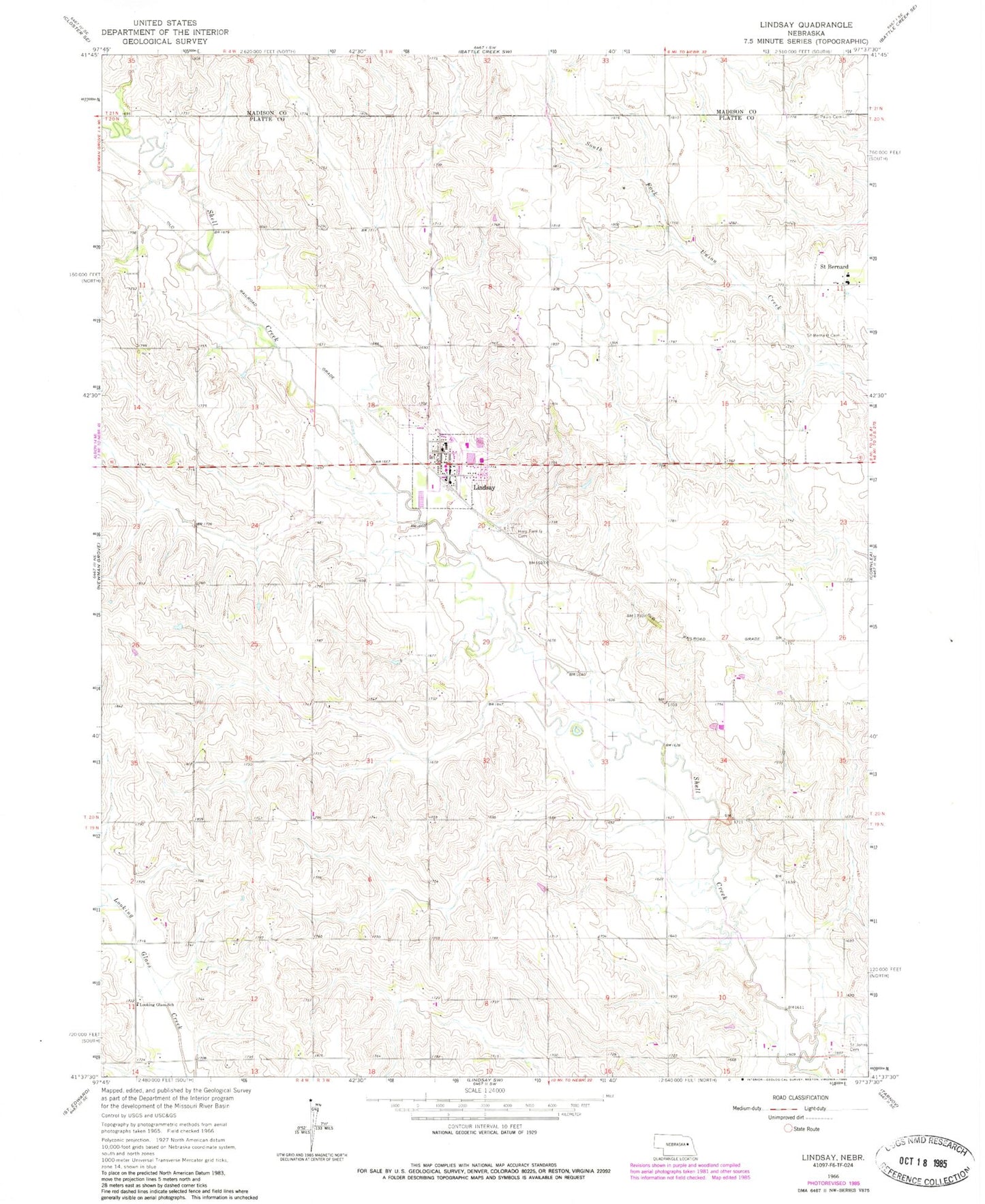 Classic USGS Lindsay Nebraska 7.5'x7.5' Topo Map Image