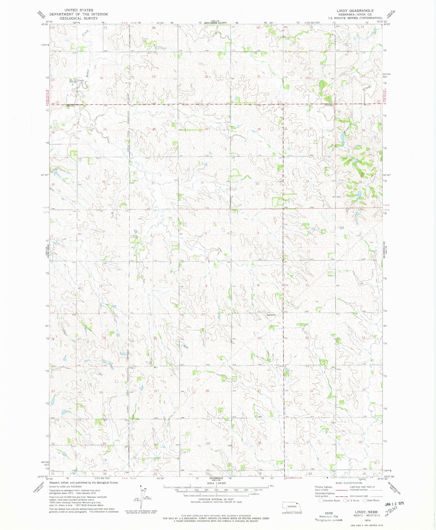 Classic USGS Lindy Nebraska 7.5'x7.5' Topo Map Image