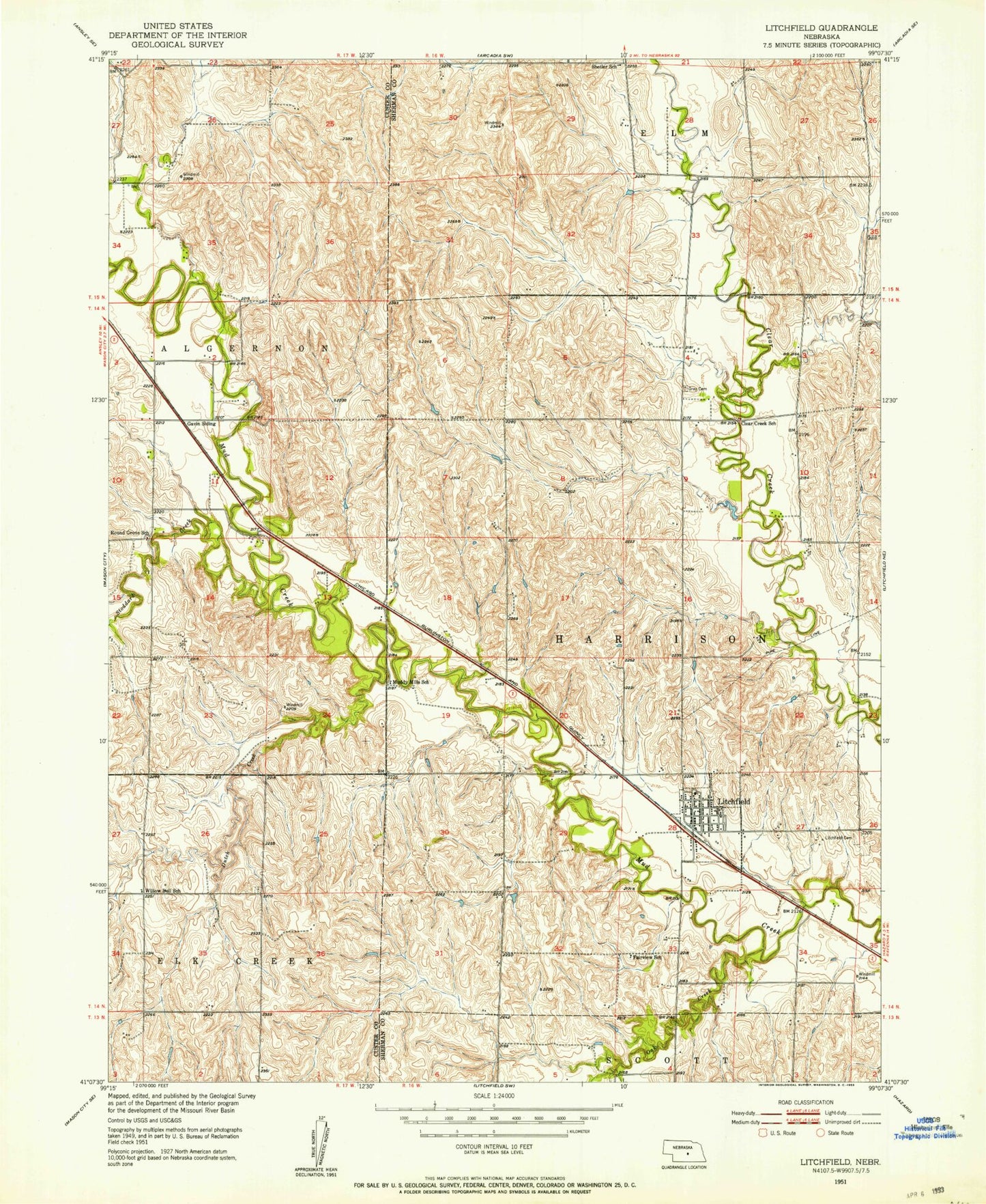 Classic USGS Litchfield Nebraska 7.5'x7.5' Topo Map Image