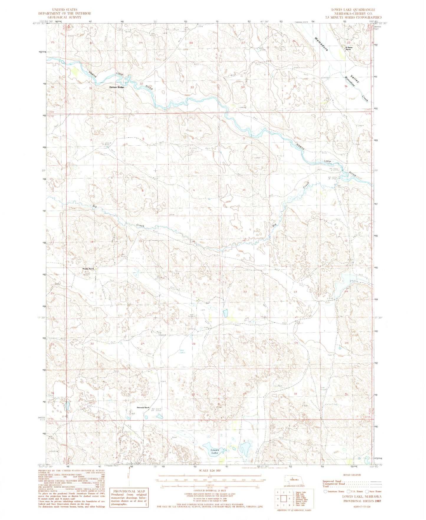 Classic USGS Lowes Lake Nebraska 7.5'x7.5' Topo Map Image