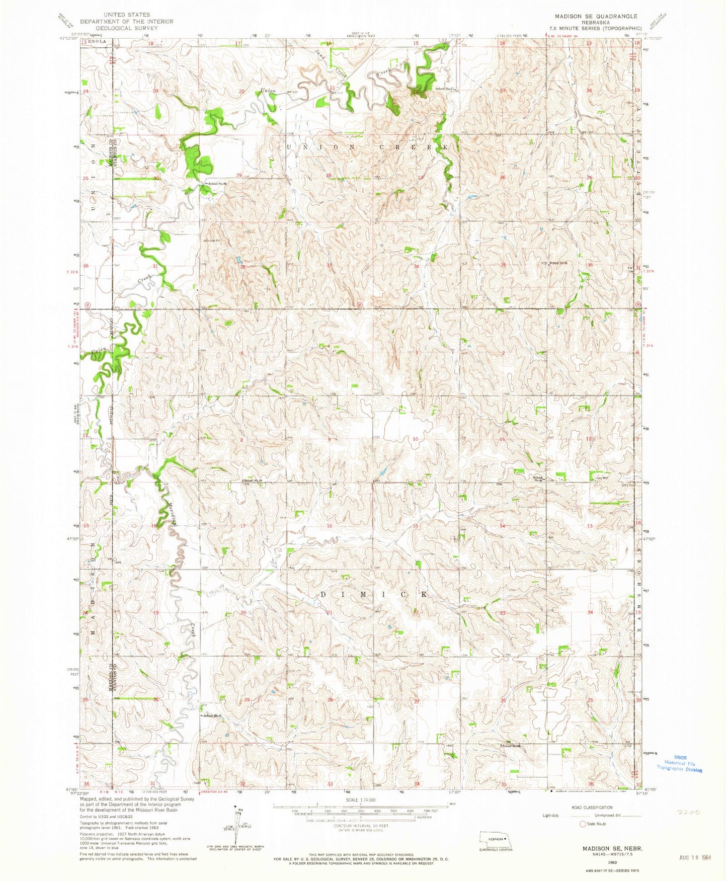 Classic USGS Madison SE Nebraska 7.5'x7.5' Topo Map Image