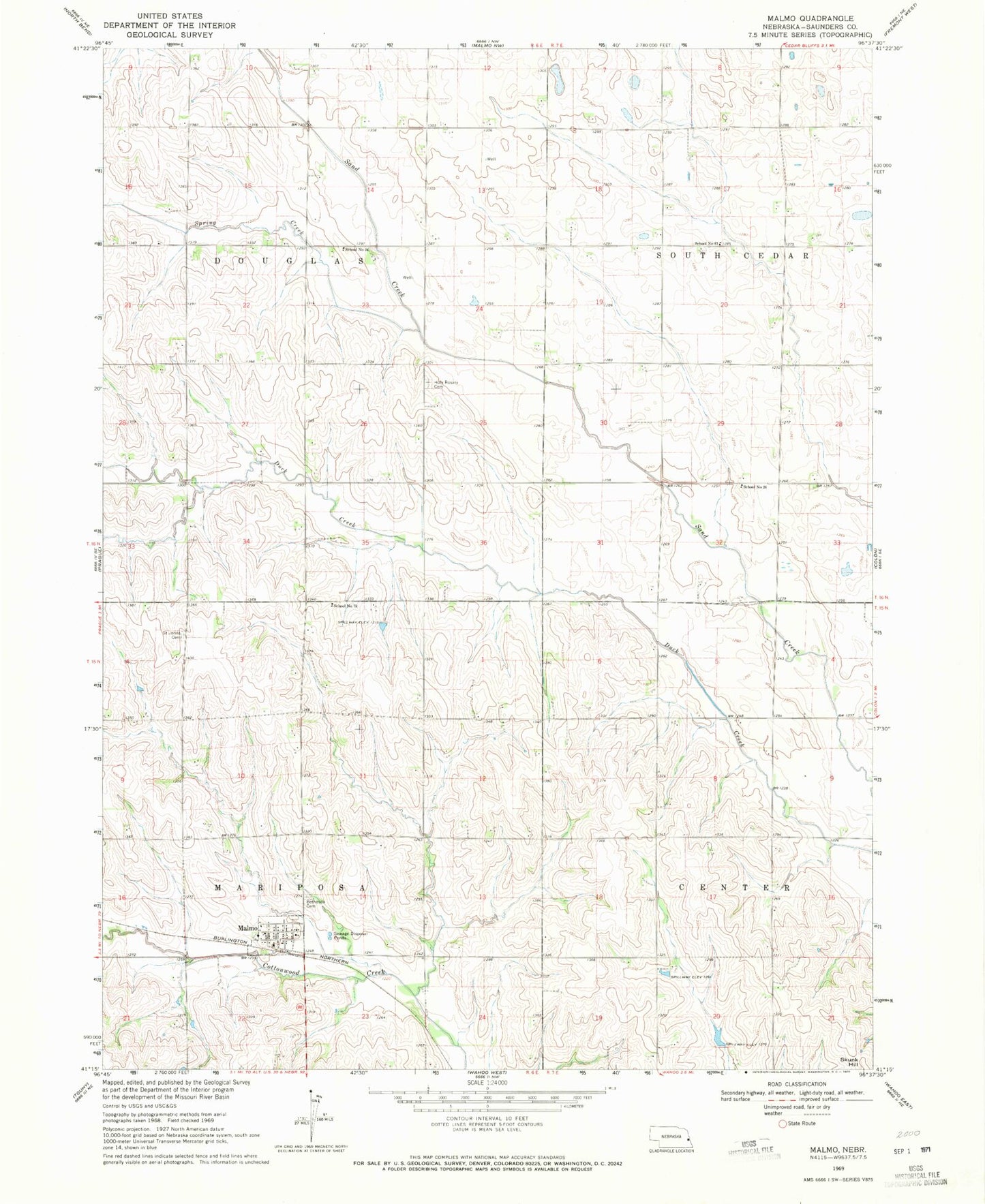 Classic USGS Malmo Nebraska 7.5'x7.5' Topo Map Image
