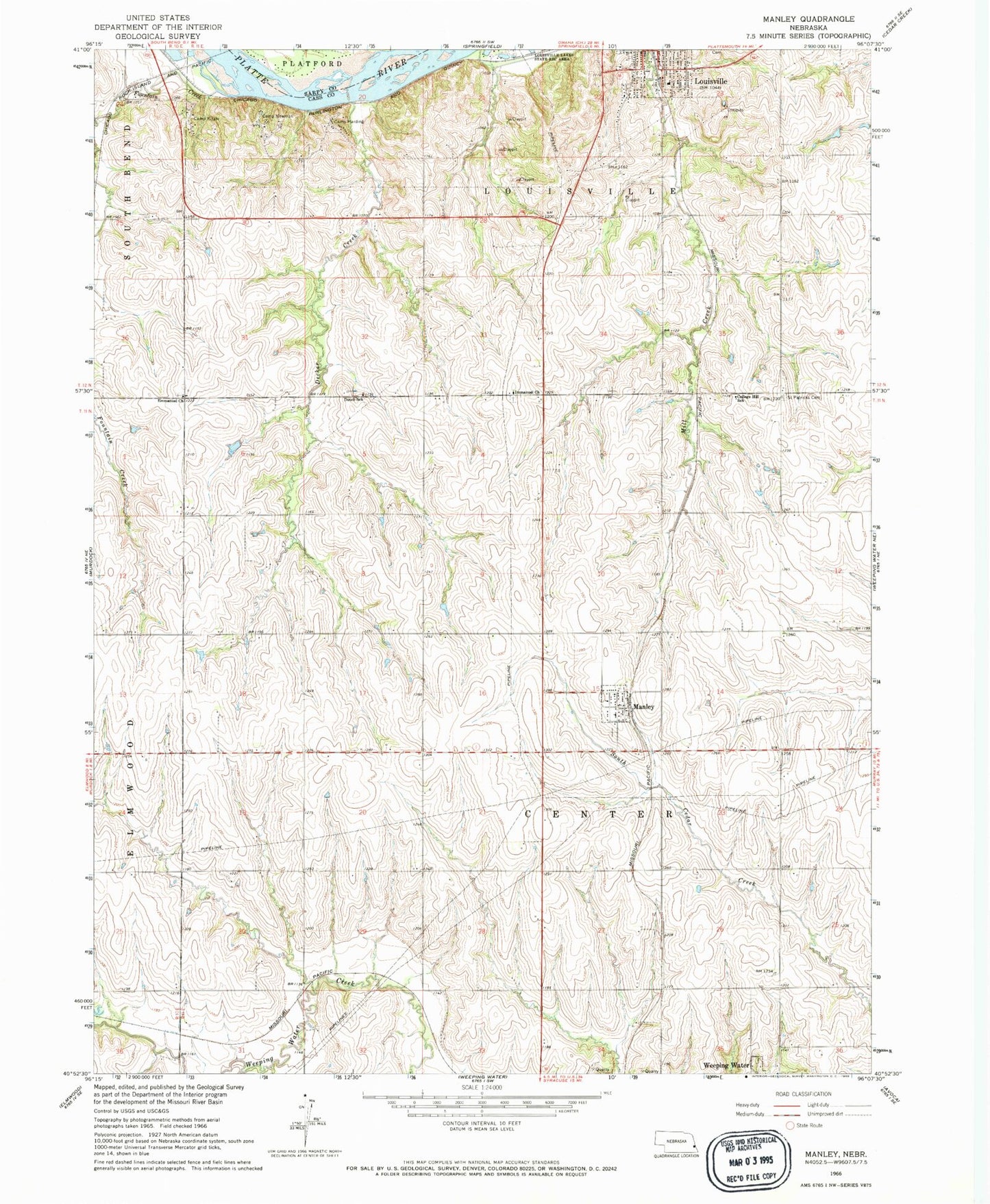 Classic USGS Manley Nebraska 7.5'x7.5' Topo Map Image
