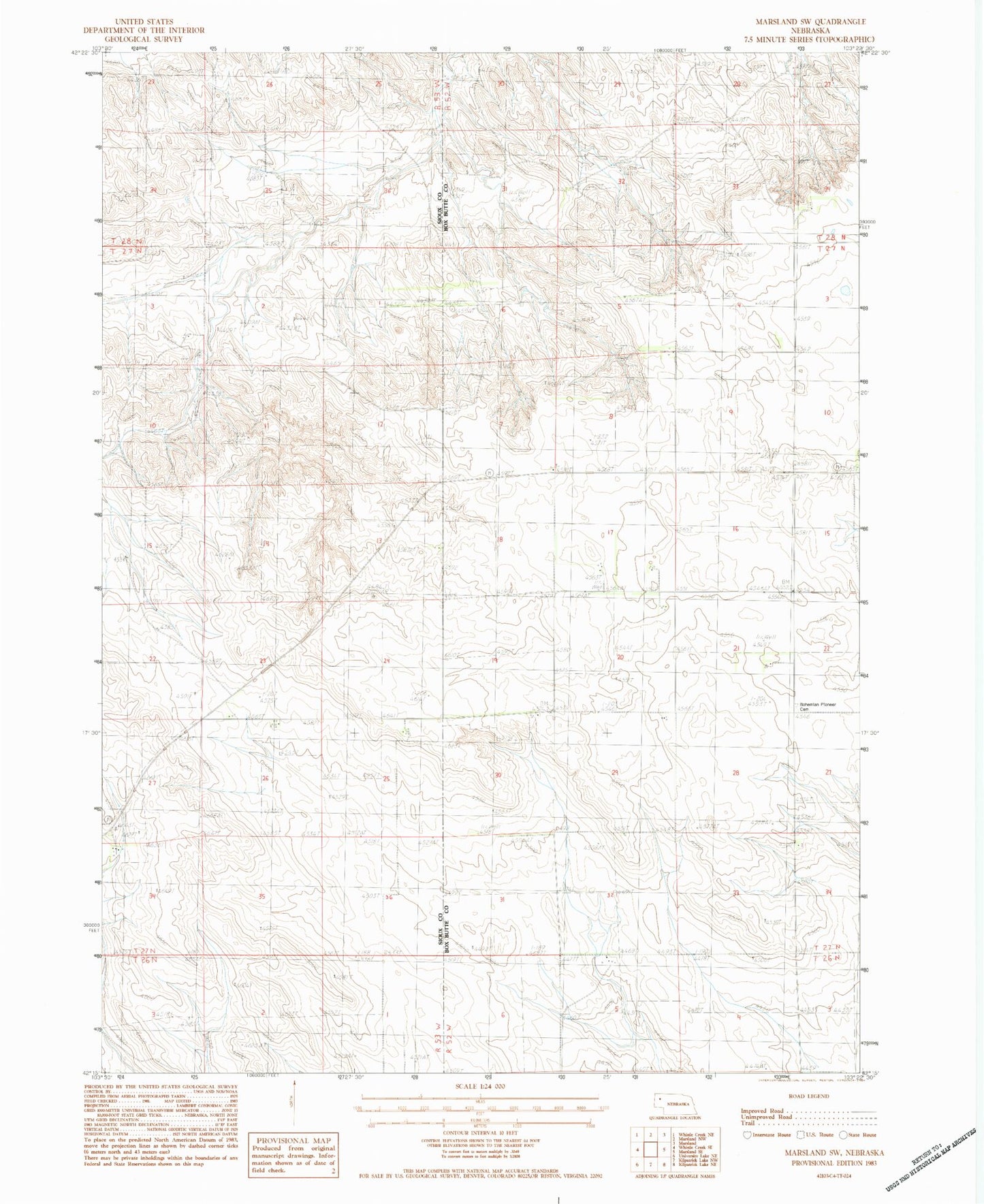 Classic USGS Marsland SW Nebraska 7.5'x7.5' Topo Map Image