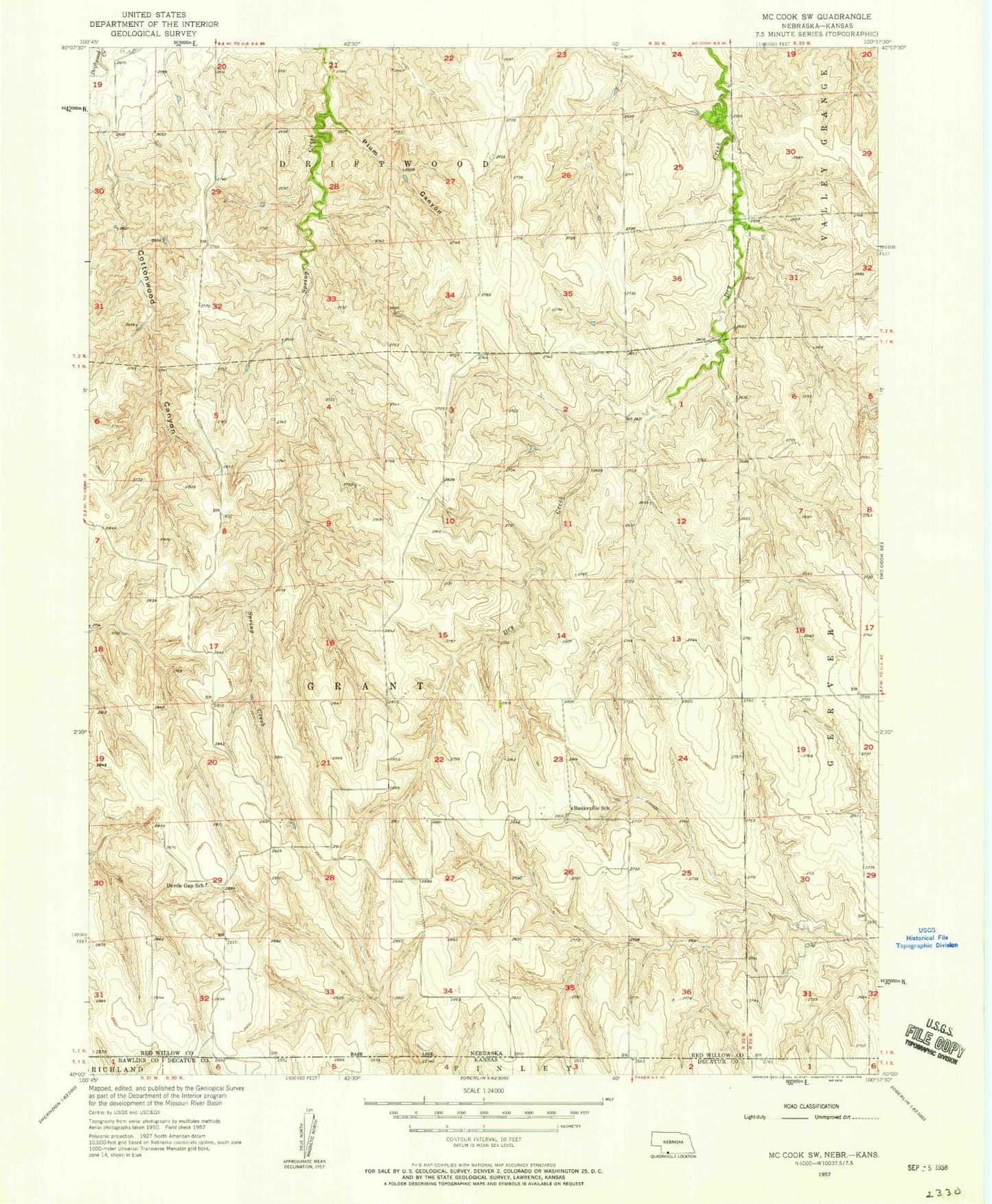 Classic USGS McCook SW Nebraska 7.5'x7.5' Topo Map Image