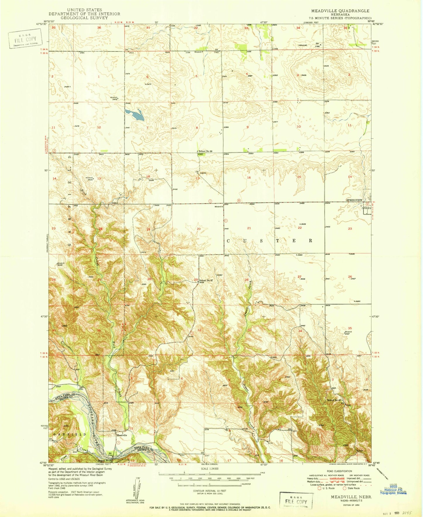 Classic USGS Meadville Nebraska 7.5'x7.5' Topo Map Image