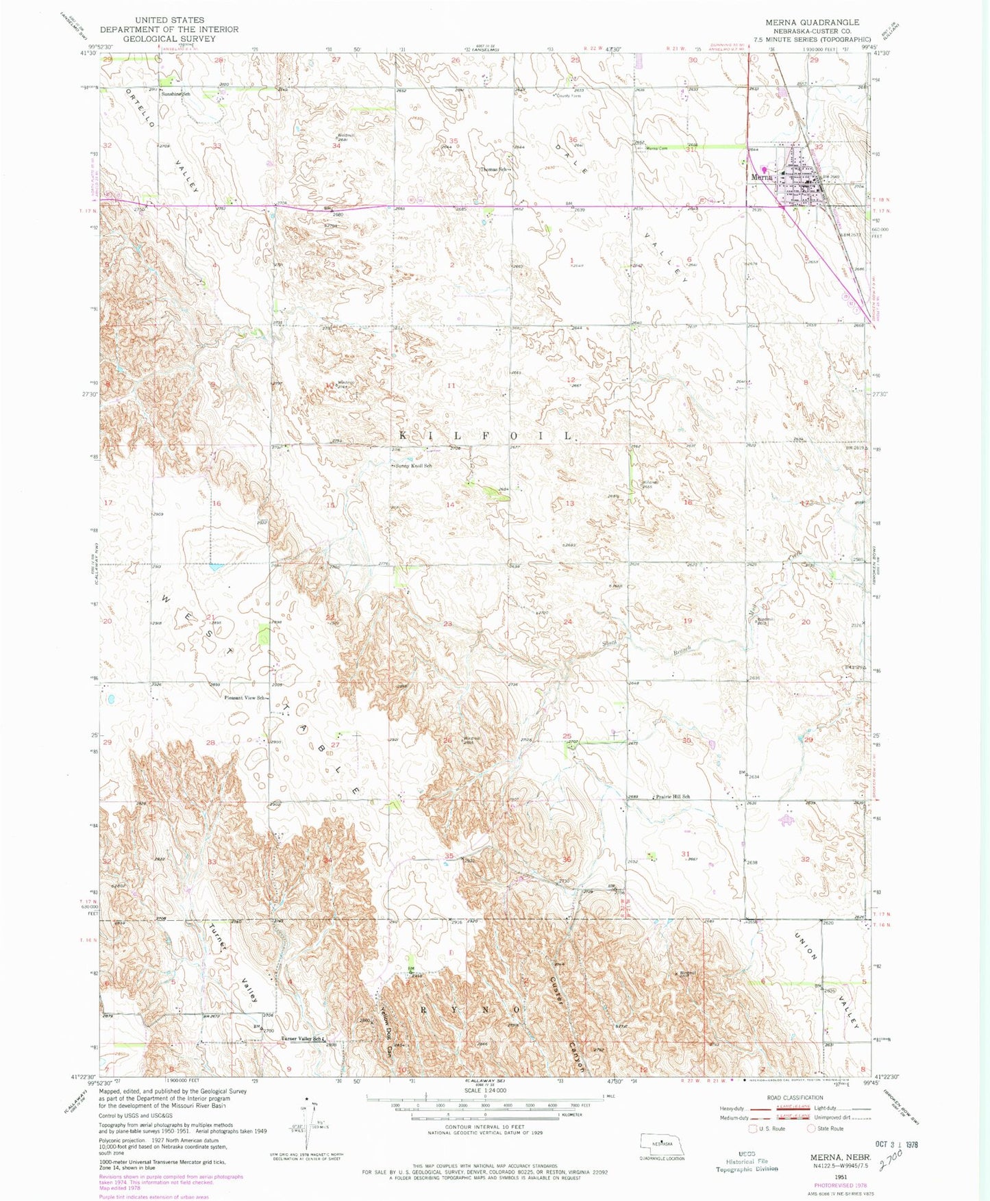 Classic USGS Merna Nebraska 7.5'x7.5' Topo Map Image