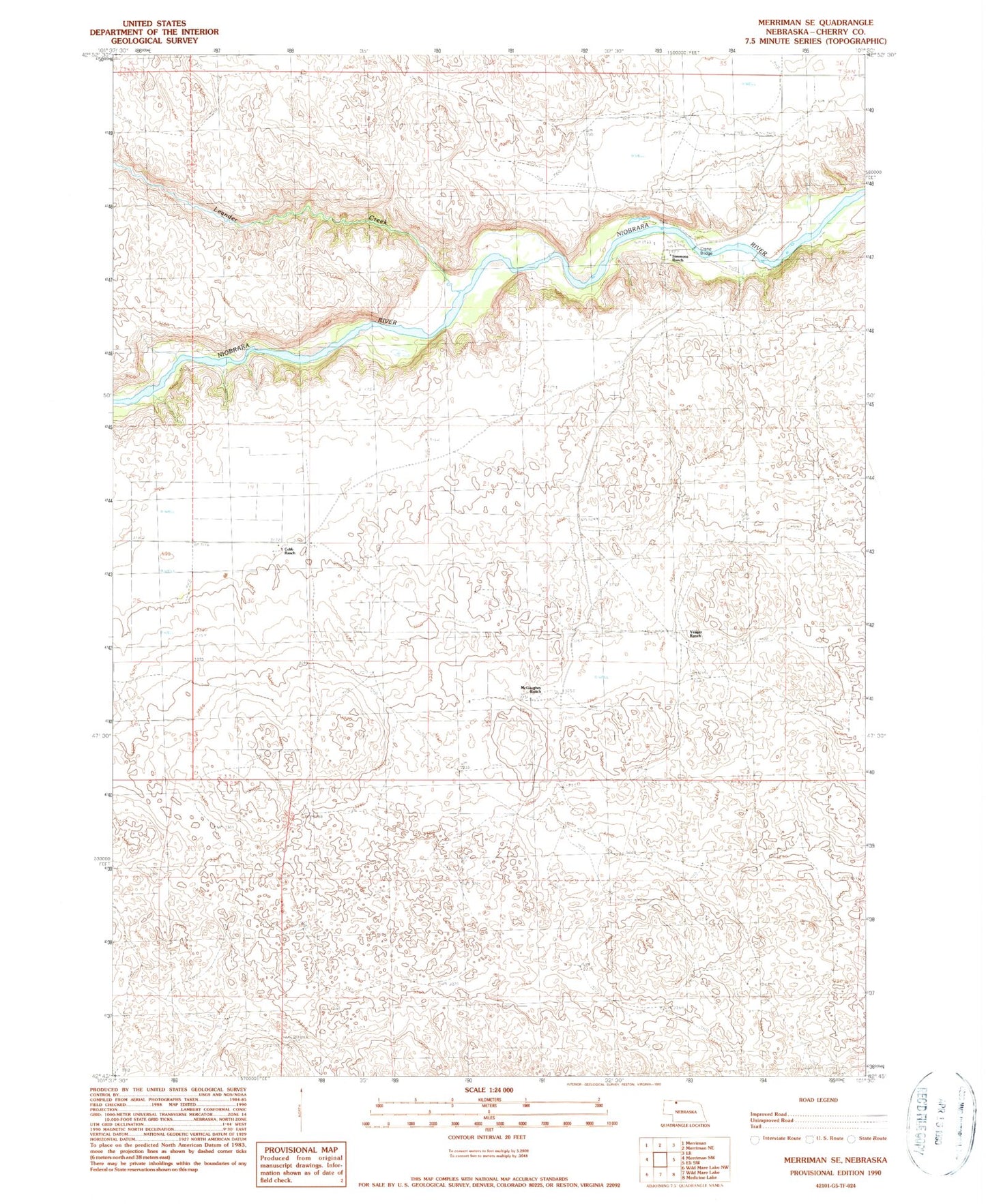 Classic USGS Merriman SE Nebraska 7.5'x7.5' Topo Map Image