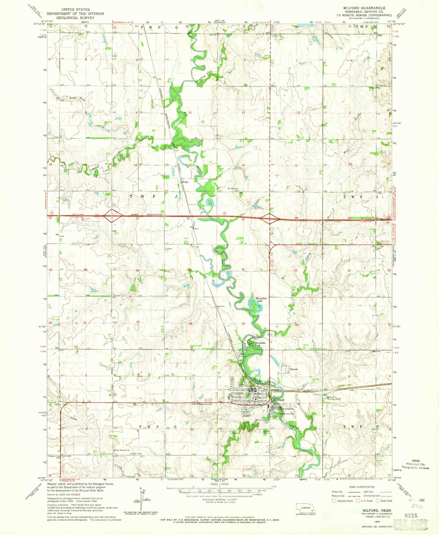 Classic USGS Milford Nebraska 7.5'x7.5' Topo Map Image
