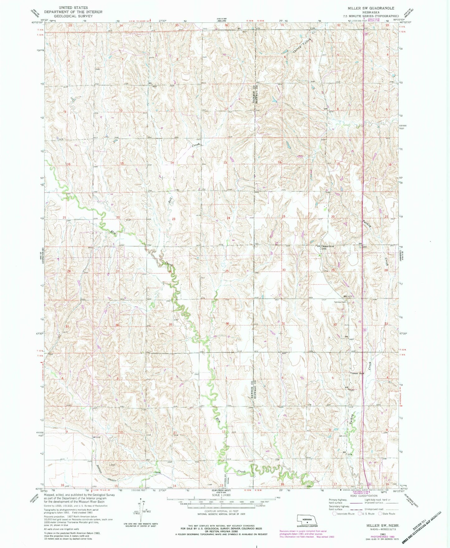 Classic USGS Miller SW Nebraska 7.5'x7.5' Topo Map Image