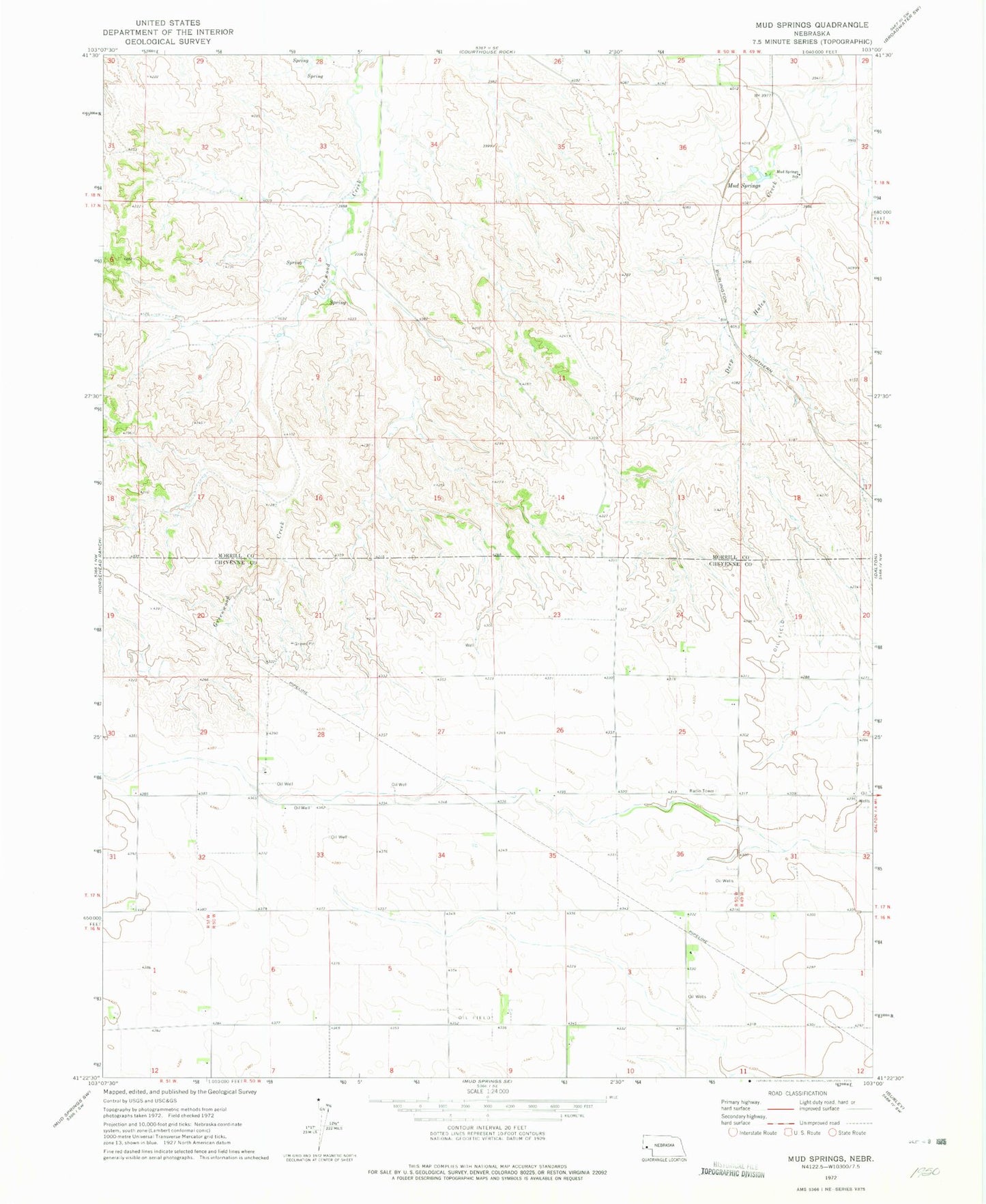 Classic USGS Mud Springs Nebraska 7.5'x7.5' Topo Map Image