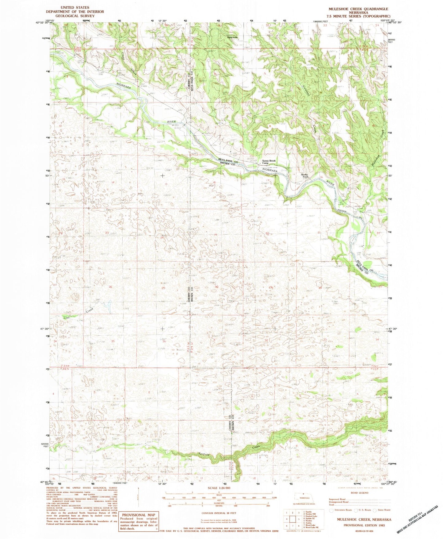 Classic USGS Muleshoe Creek Nebraska 7.5'x7.5' Topo Map Image