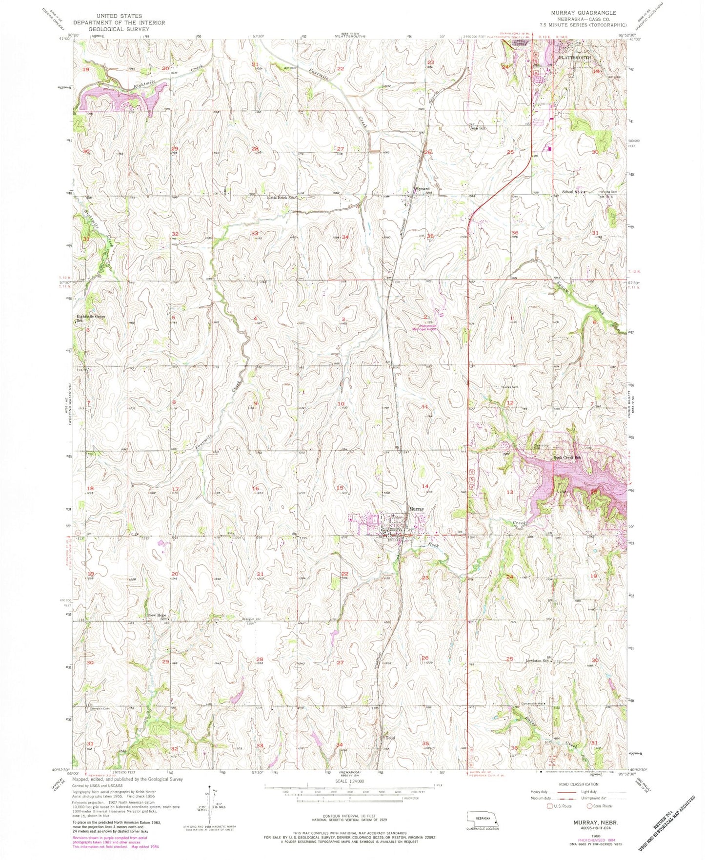 Classic USGS Murray Nebraska 7.5'x7.5' Topo Map Image