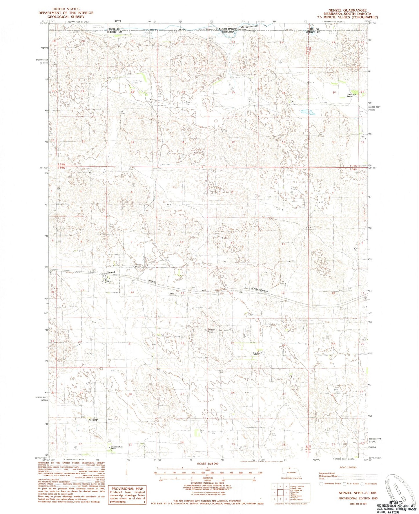 Classic USGS Nenzel Nebraska 7.5'x7.5' Topo Map Image