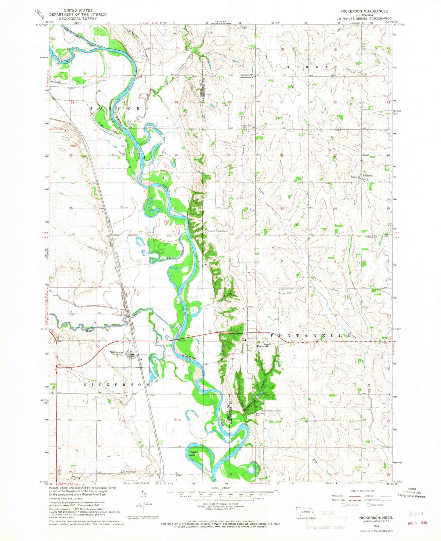Classic USGS Nickerson Nebraska 7.5'x7.5' Topo Map Image