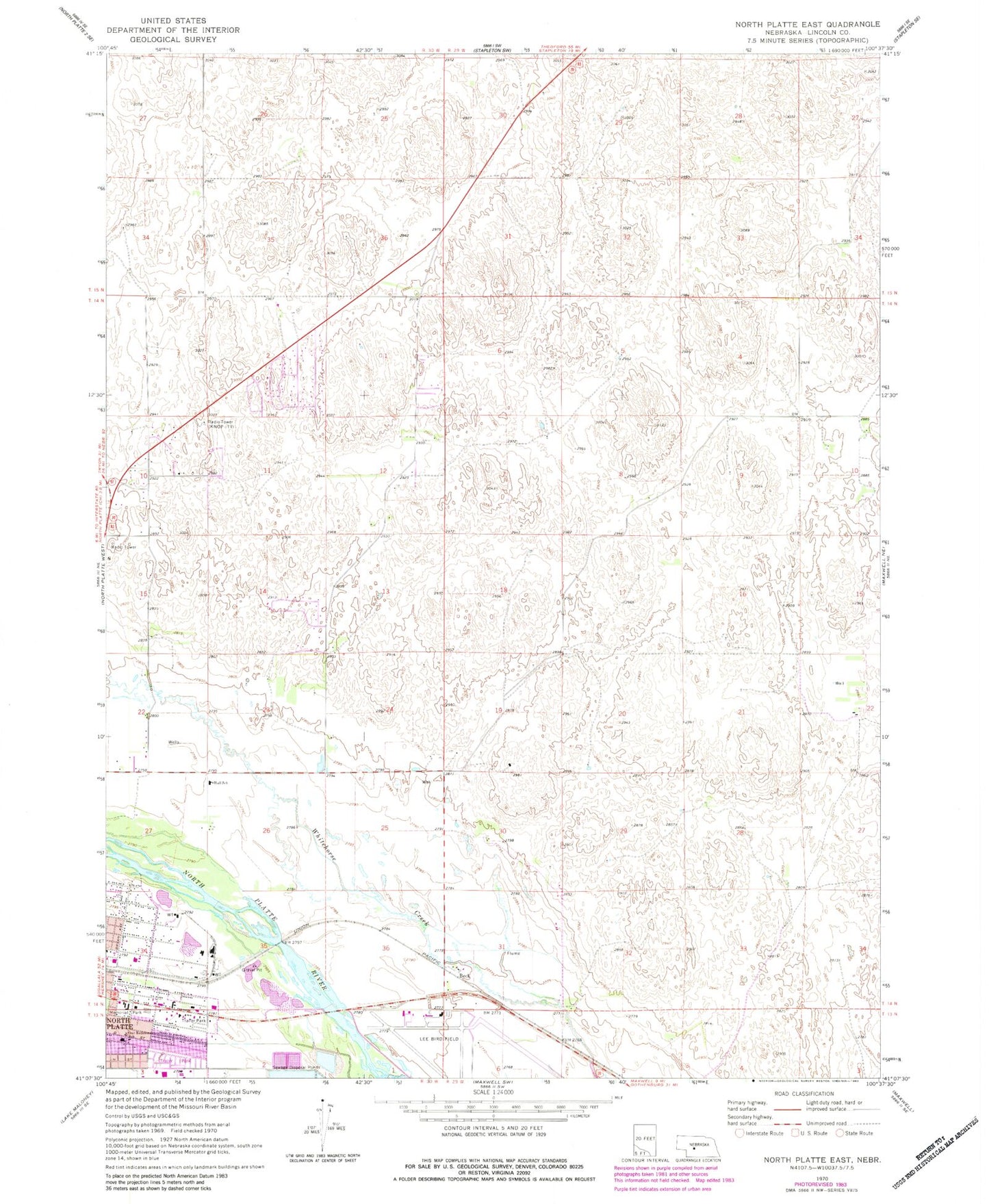 Classic USGS North Platte East Nebraska 7.5'x7.5' Topo Map Image