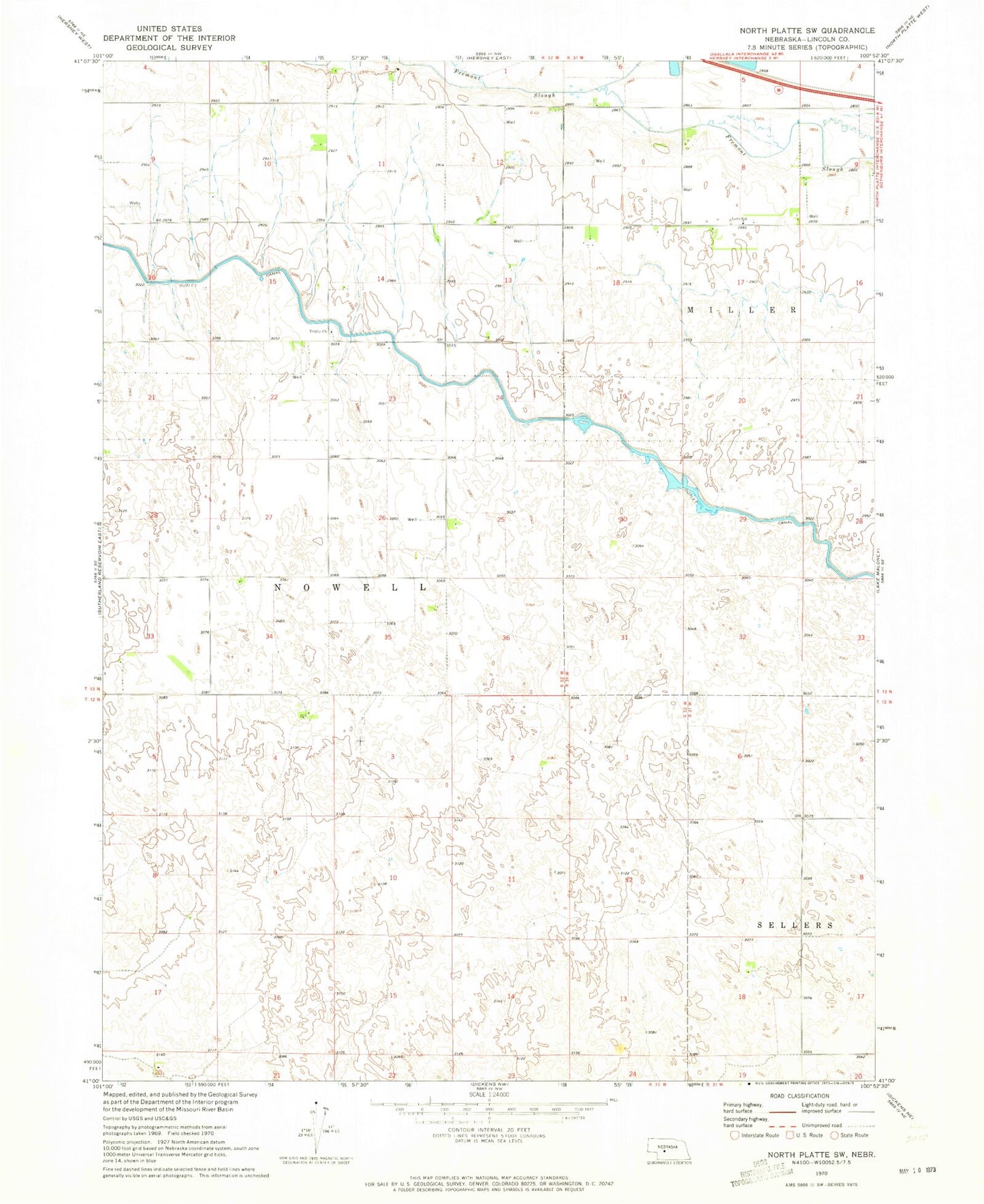 Classic USGS North Platte SW Nebraska 7.5'x7.5' Topo Map Image