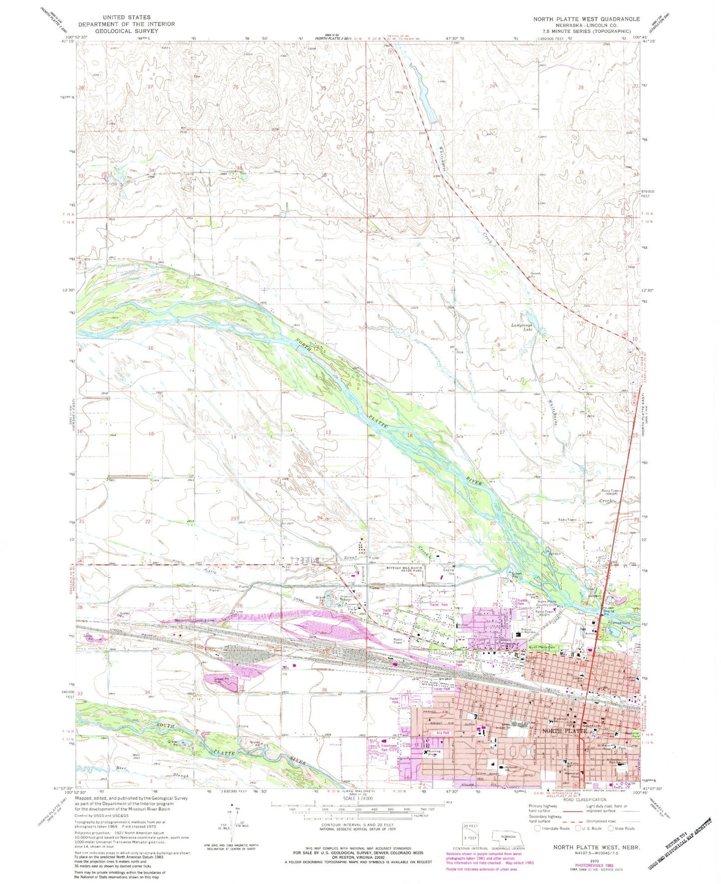 Classic USGS North Platte West Nebraska 7.5'x7.5' Topo Map Image