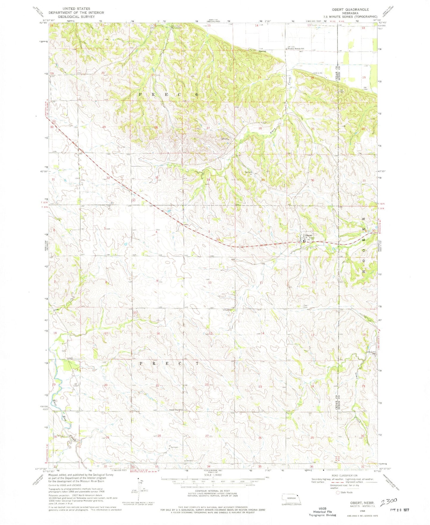 Classic USGS Obert Nebraska 7.5'x7.5' Topo Map Image