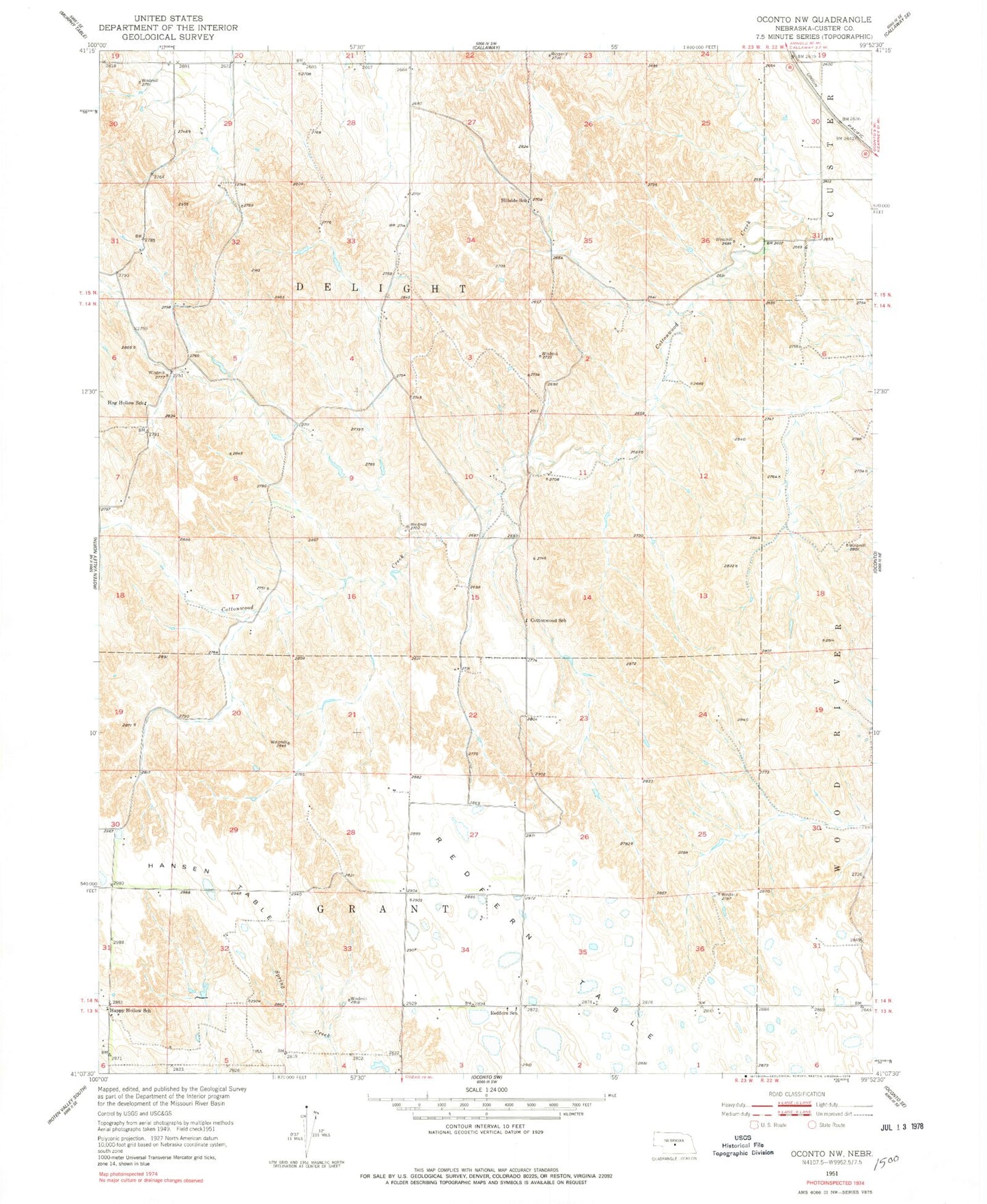 Classic USGS Oconto NW Nebraska 7.5'x7.5' Topo Map Image