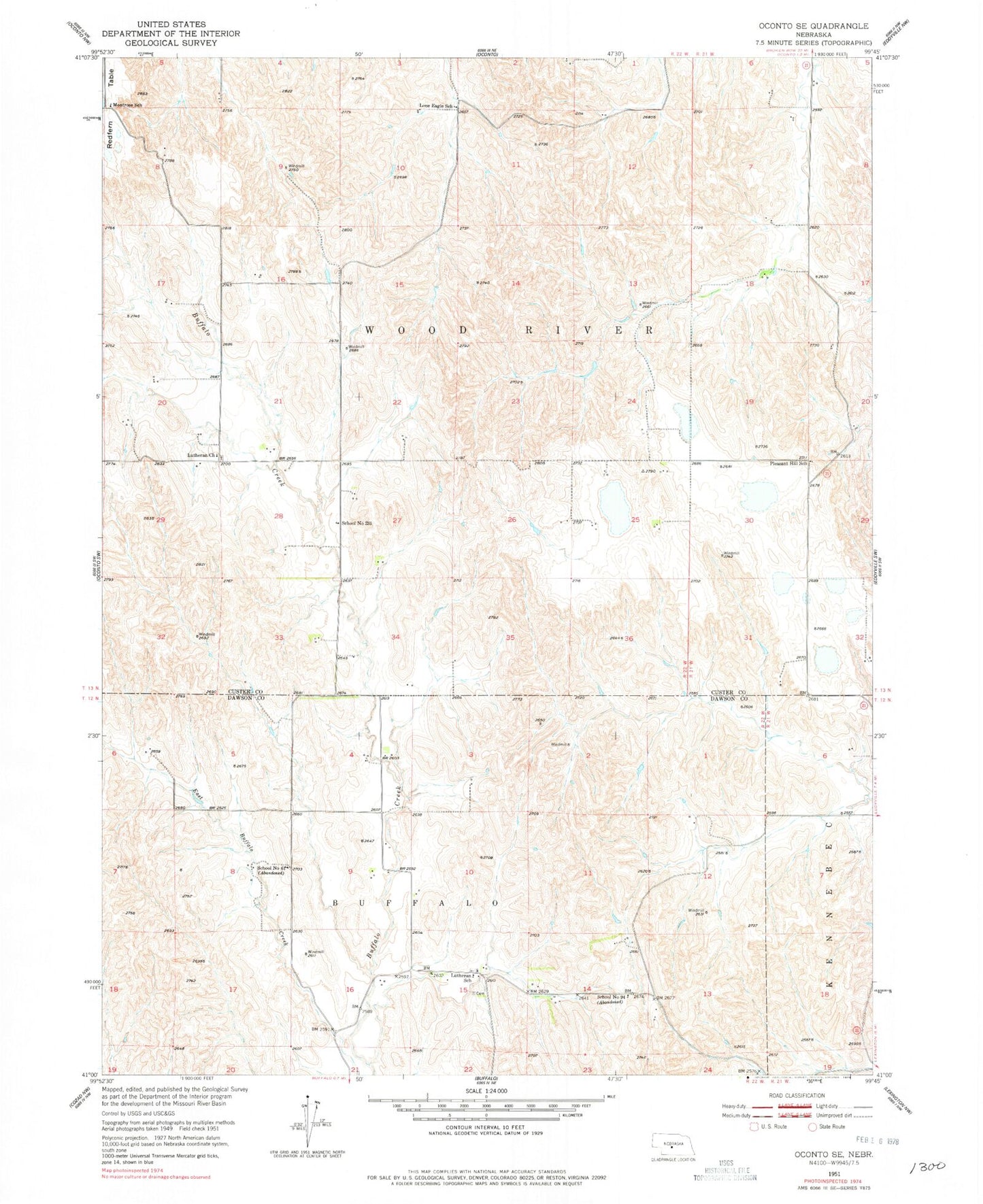 Classic USGS Oconto SE Nebraska 7.5'x7.5' Topo Map Image