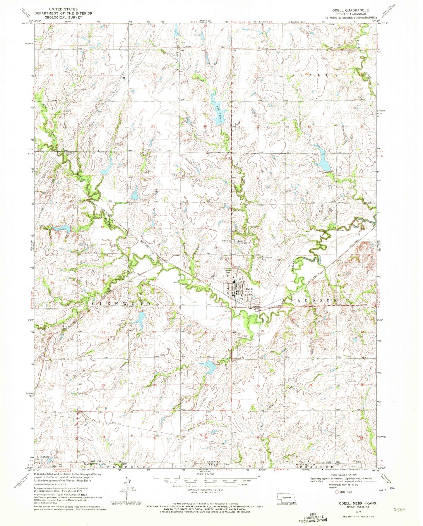 Classic USGS Odell Nebraska 7.5'x7.5' Topo Map Image