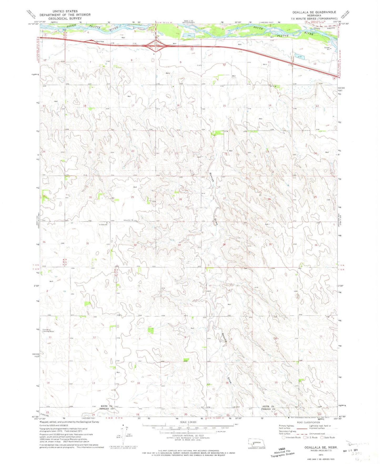 Classic USGS Ogallala SE Nebraska 7.5'x7.5' Topo Map Image