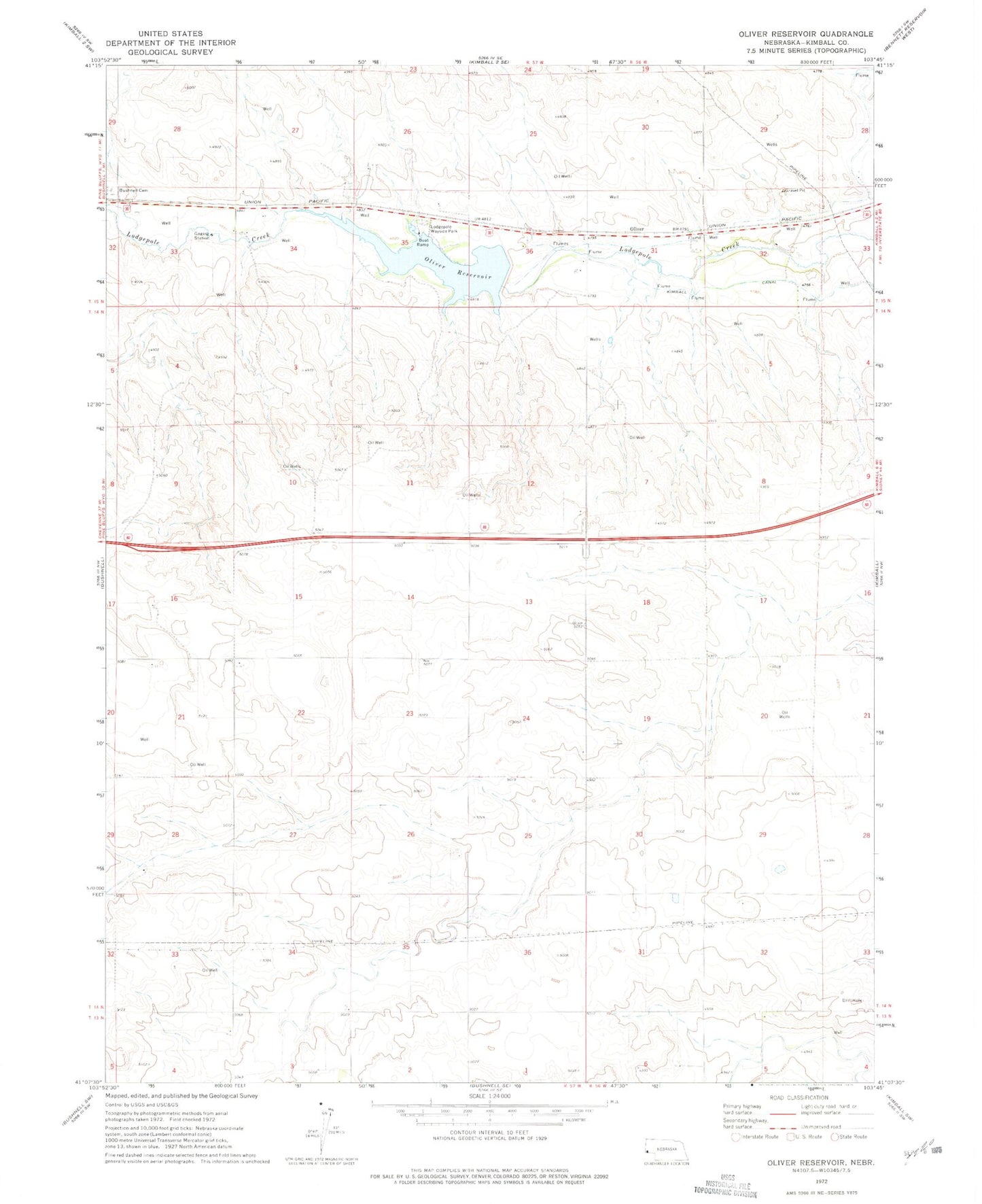 Classic USGS Oliver Reservoir Nebraska 7.5'x7.5' Topo Map Image