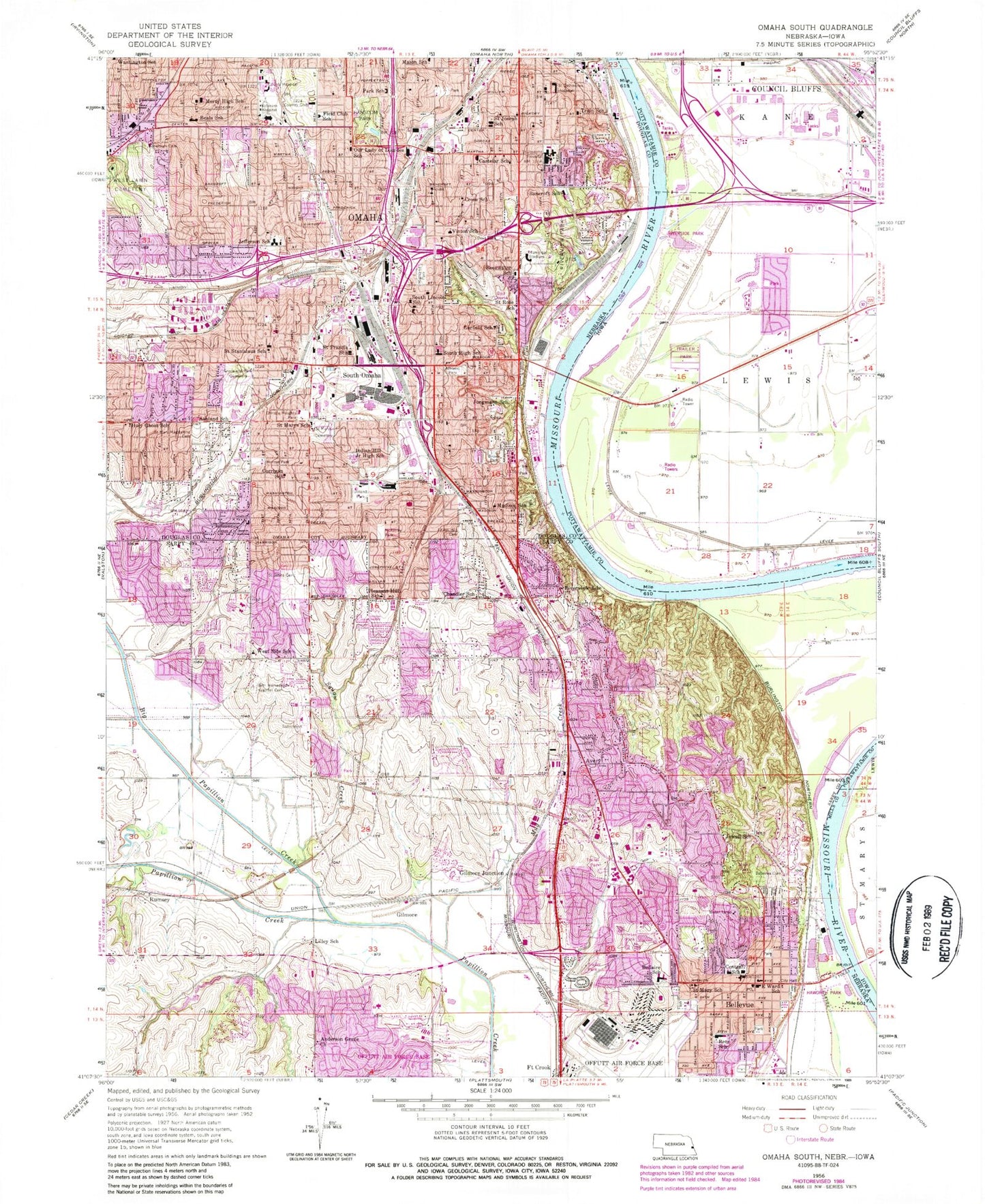 Classic USGS Omaha South Nebraska 7.5'x7.5' Topo Map Image