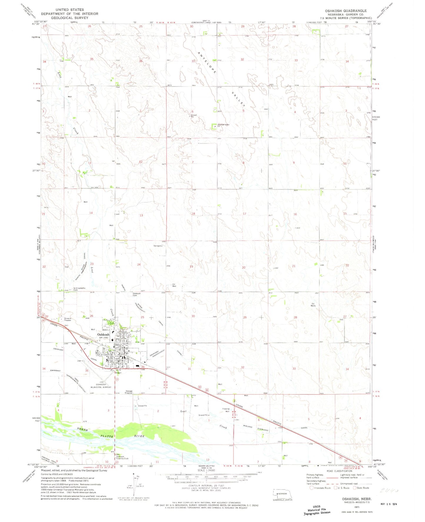 Classic USGS Oshkosh Nebraska 7.5'x7.5' Topo Map Image