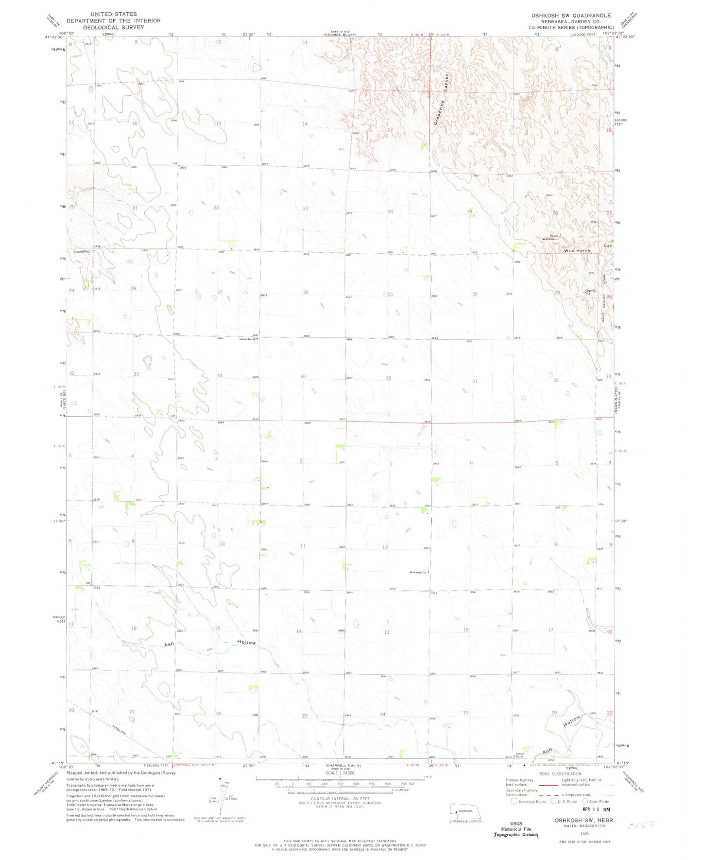 Classic USGS Oshkosh SW Nebraska 7.5'x7.5' Topo Map Image