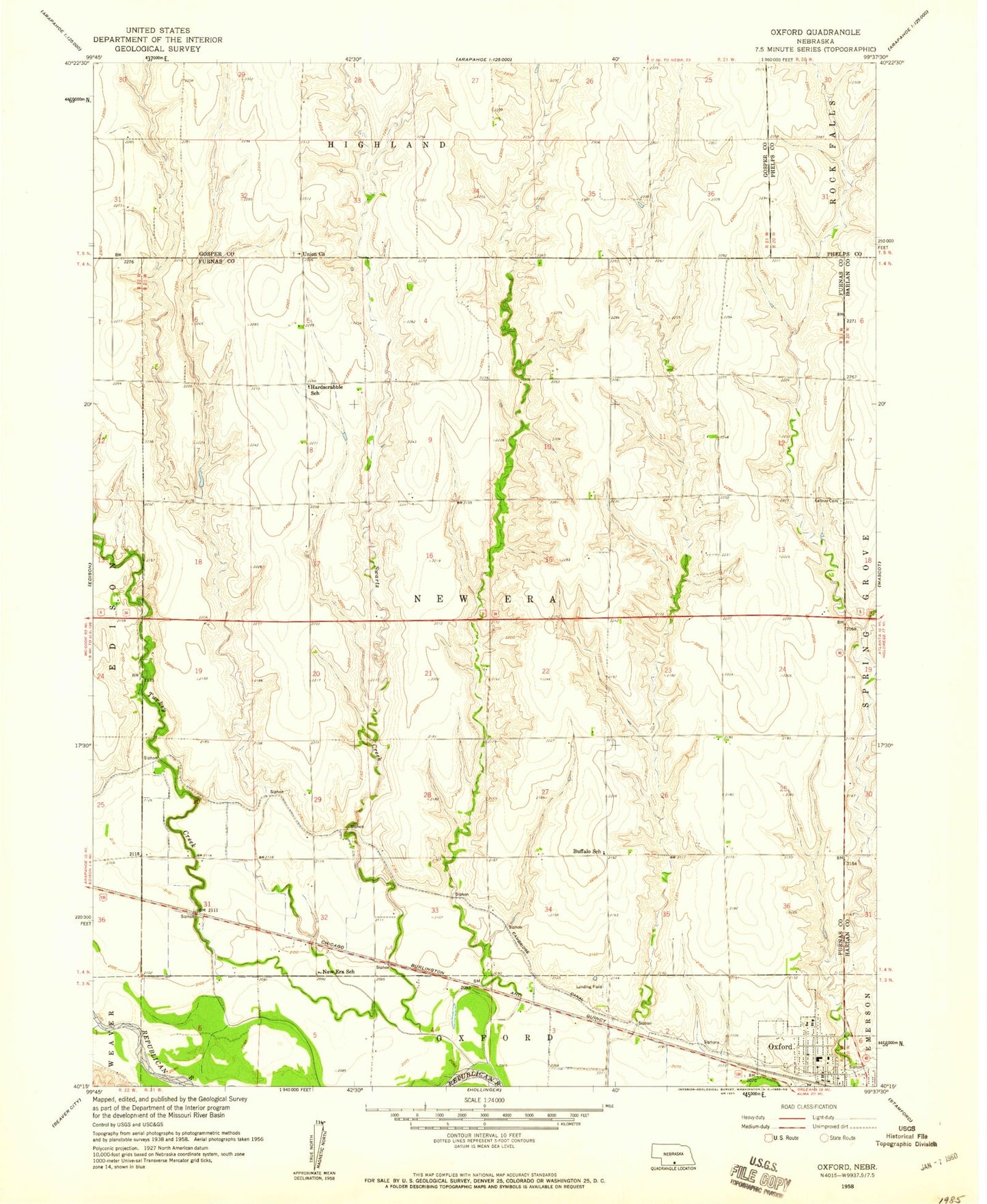 Classic USGS Oxford Nebraska 7.5'x7.5' Topo Map Image