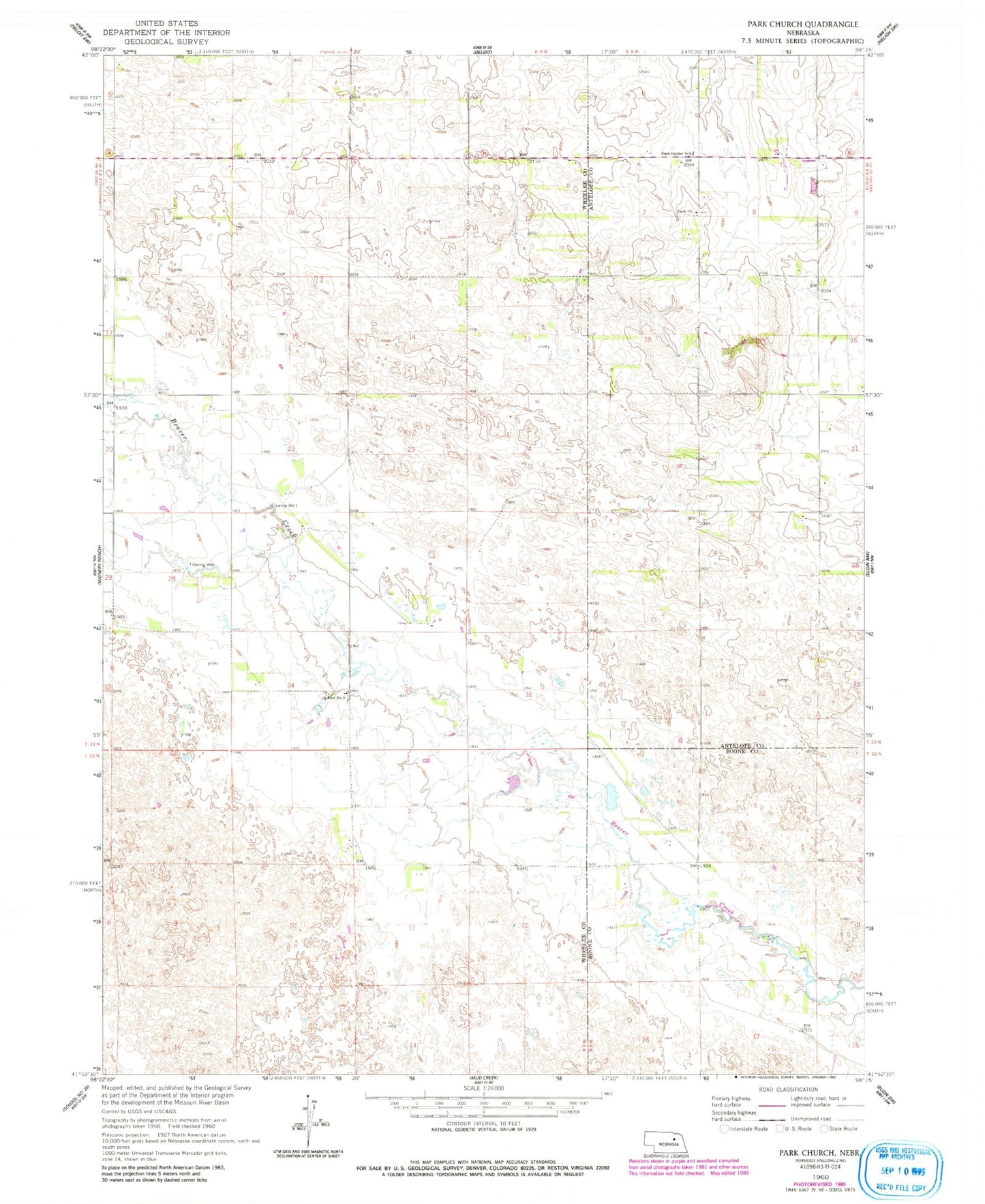 Classic USGS Park Church Nebraska 7.5'x7.5' Topo Map Image