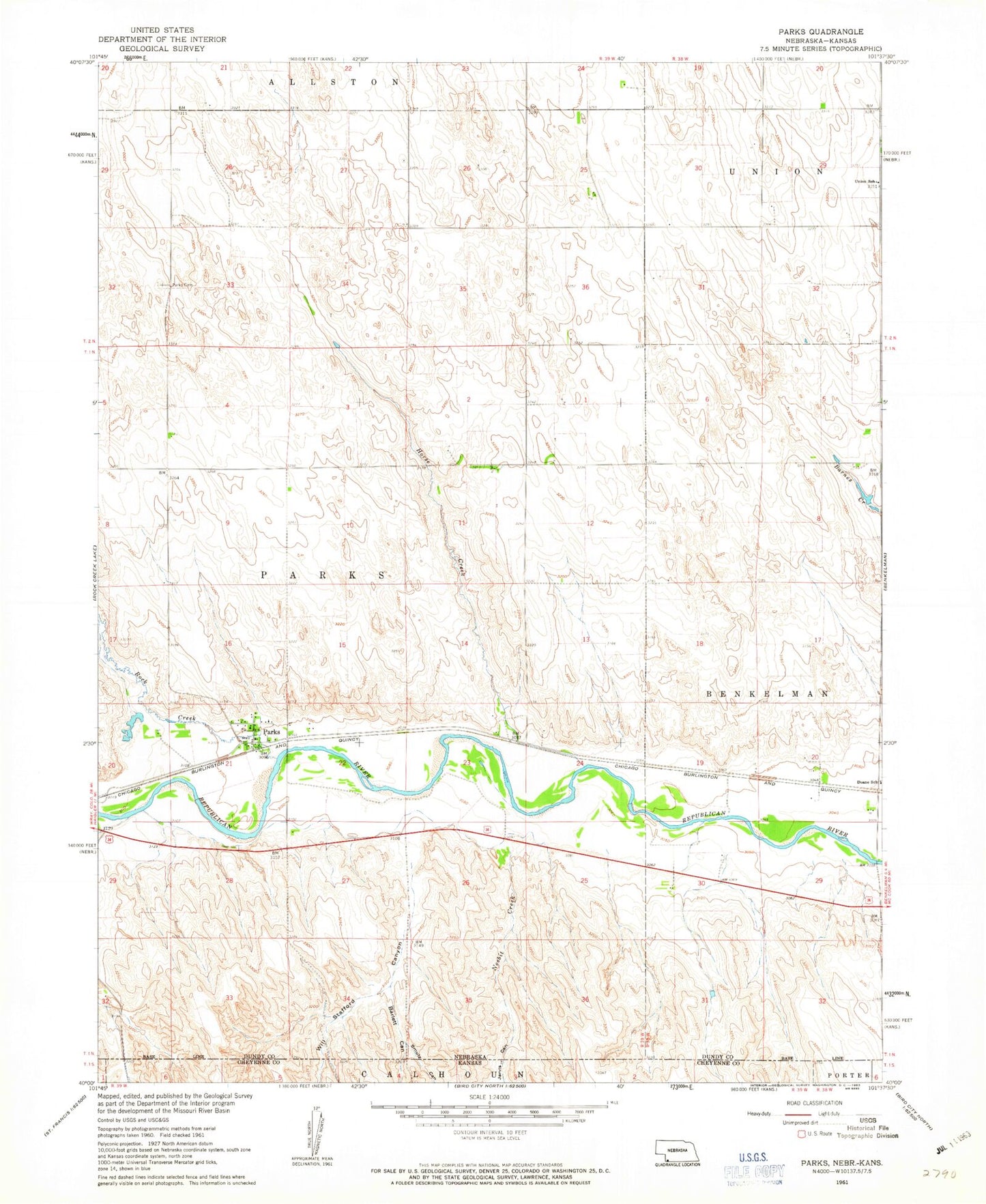 Classic USGS Parks Nebraska 7.5'x7.5' Topo Map Image