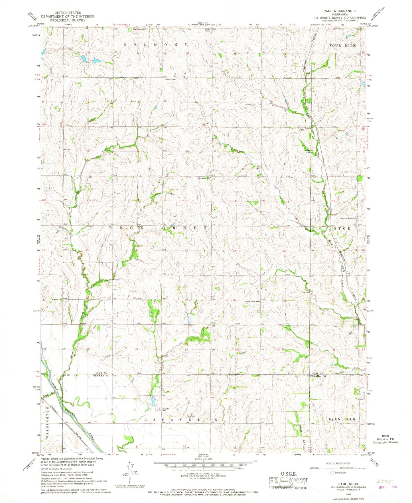 Classic USGS Paul Nebraska 7.5'x7.5' Topo Map Image