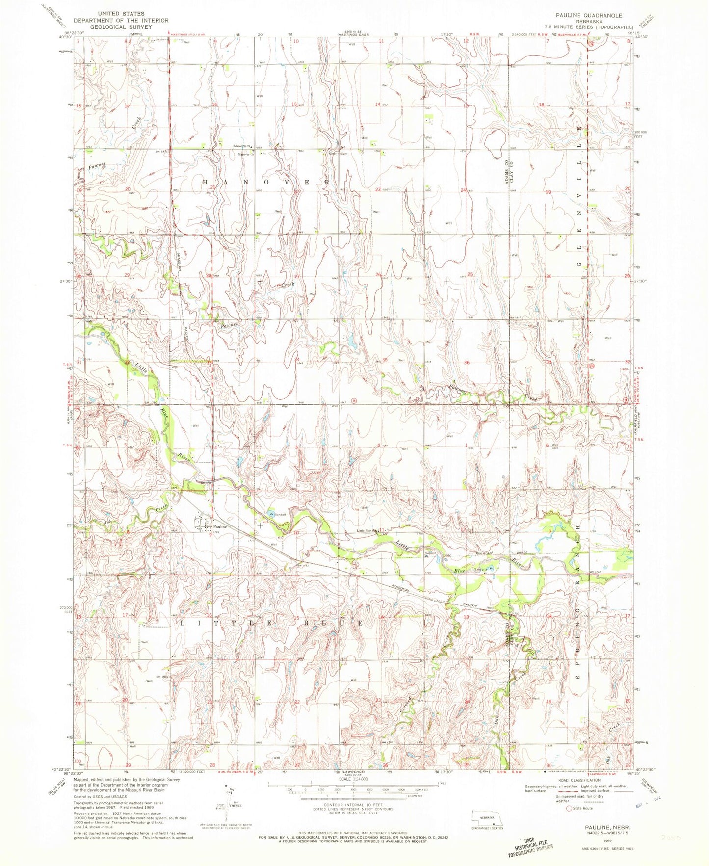 Classic USGS Pauline Nebraska 7.5'x7.5' Topo Map Image