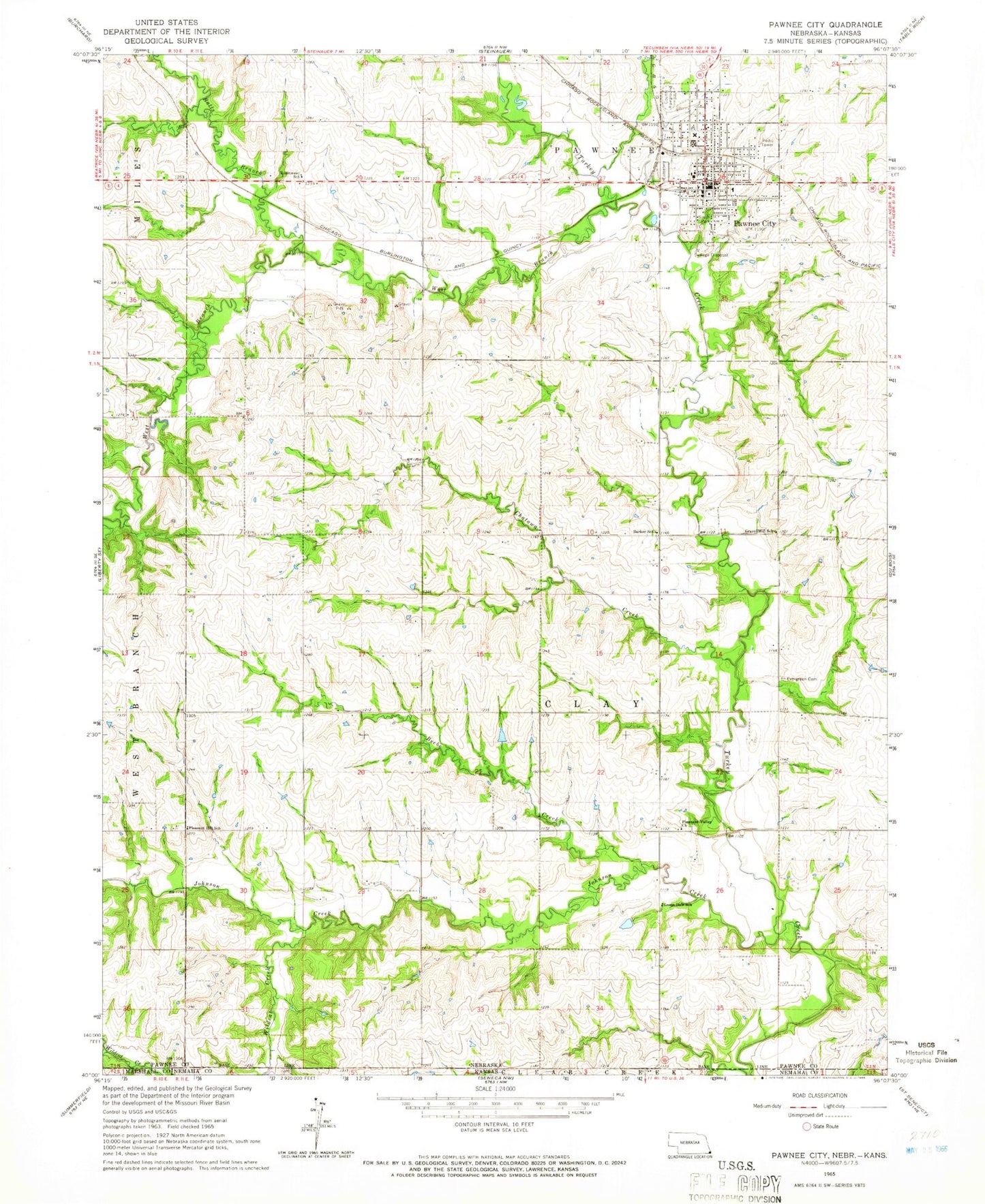 Classic USGS Pawnee City Nebraska 7.5'x7.5' Topo Map Image