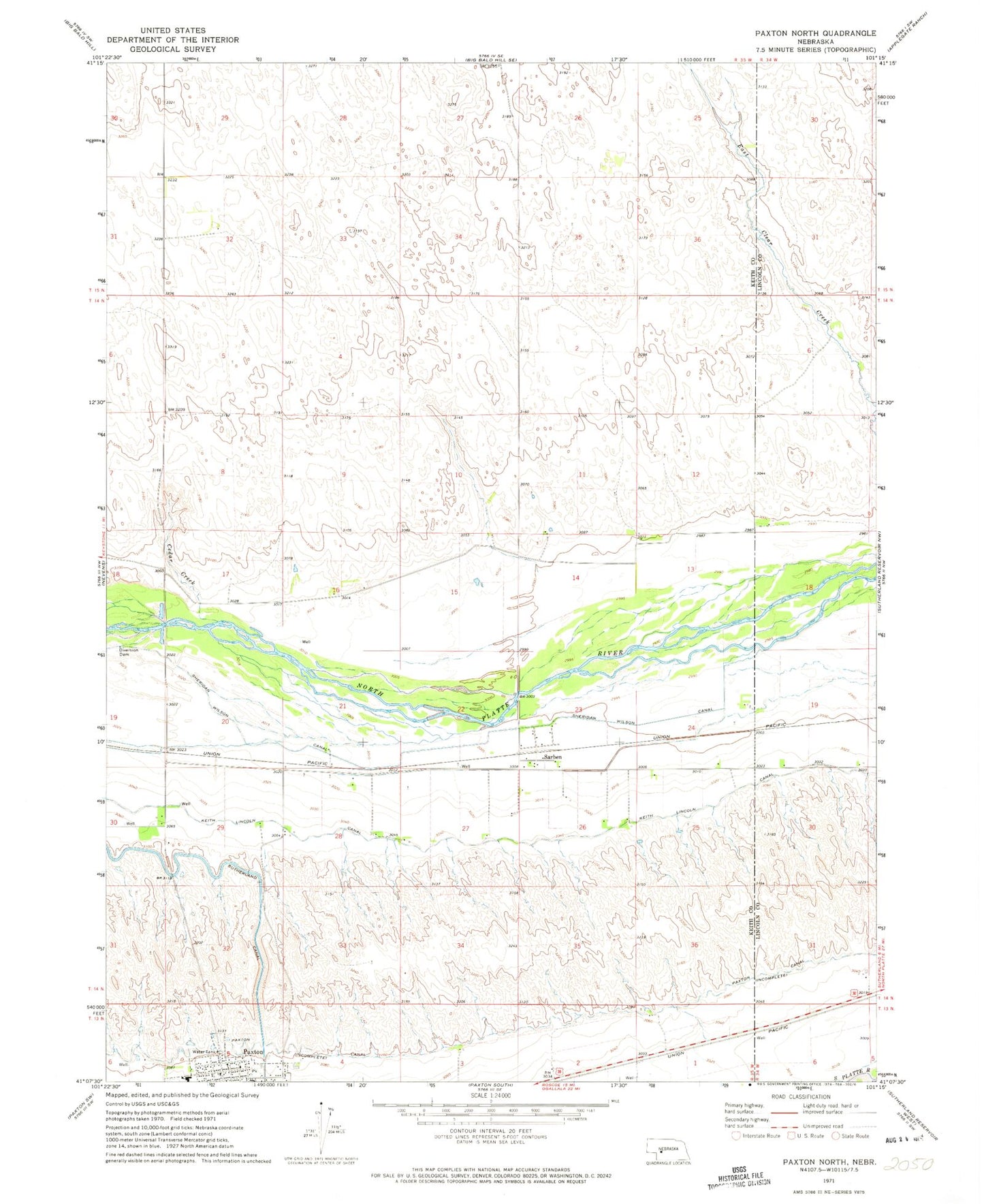 Classic USGS Paxton North Nebraska 7.5'x7.5' Topo Map Image