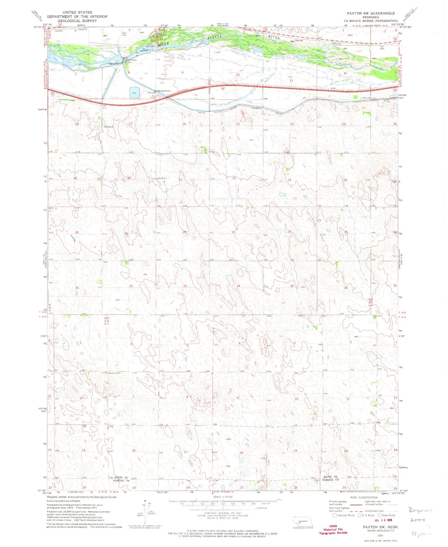 Classic USGS Paxton SW Nebraska 7.5'x7.5' Topo Map Image
