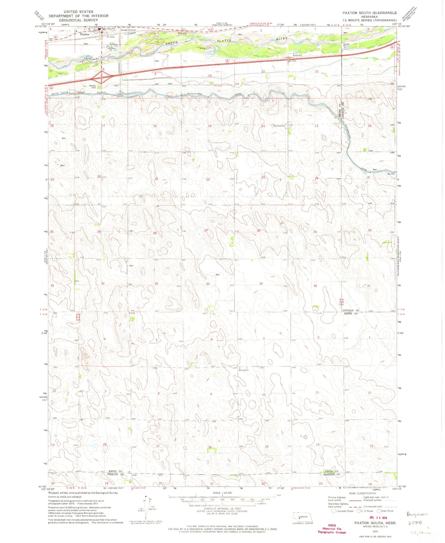 Classic USGS Paxton South Nebraska 7.5'x7.5' Topo Map Image
