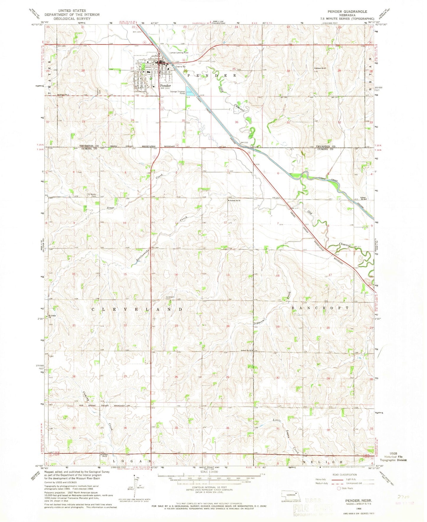 Classic USGS Pender Nebraska 7.5'x7.5' Topo Map Image